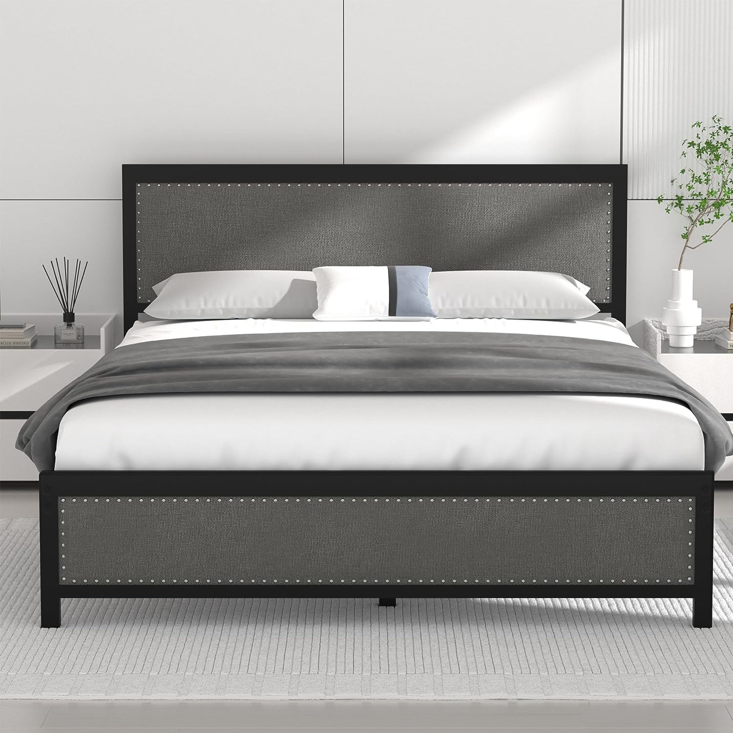 VECELO Bed Frame with Linen Fabric Headboard and Footboard No Box Spring Needed - VECELO
