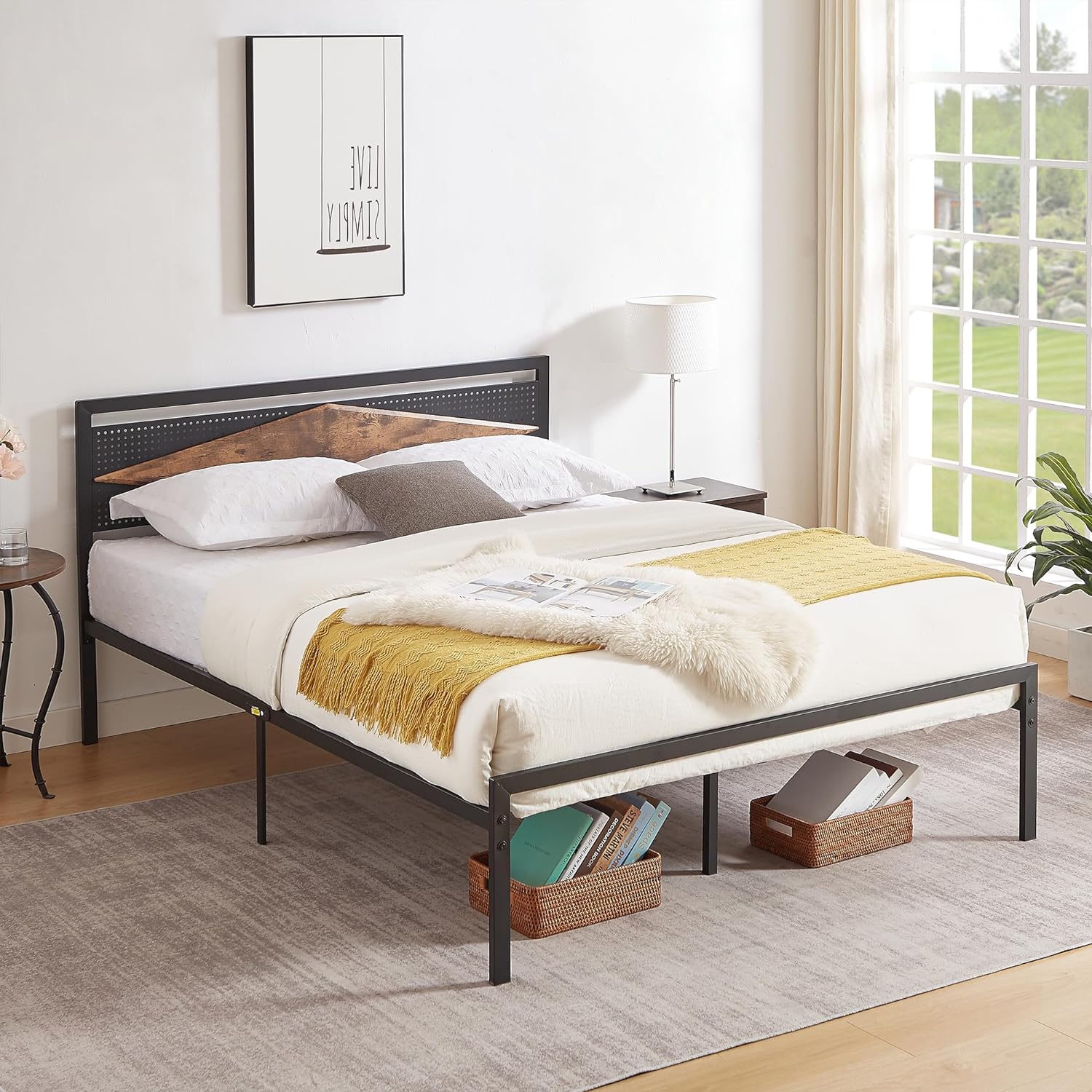 VECELO Metal Bed Frame Platform with Wood Grain Headboard&Footboard