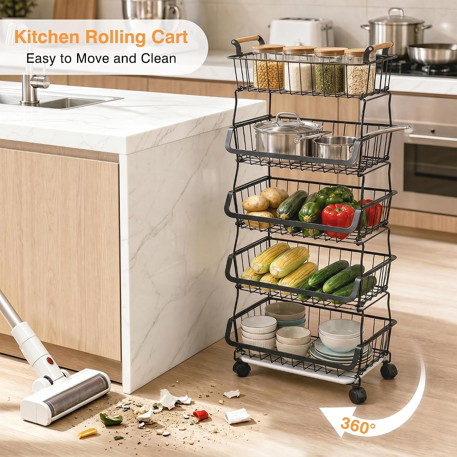 VECELO 3-Tier Fruit Basket with Wheels,