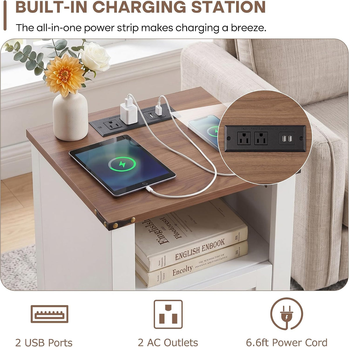 VECELO Farmhouse Nightstand with Charging Station