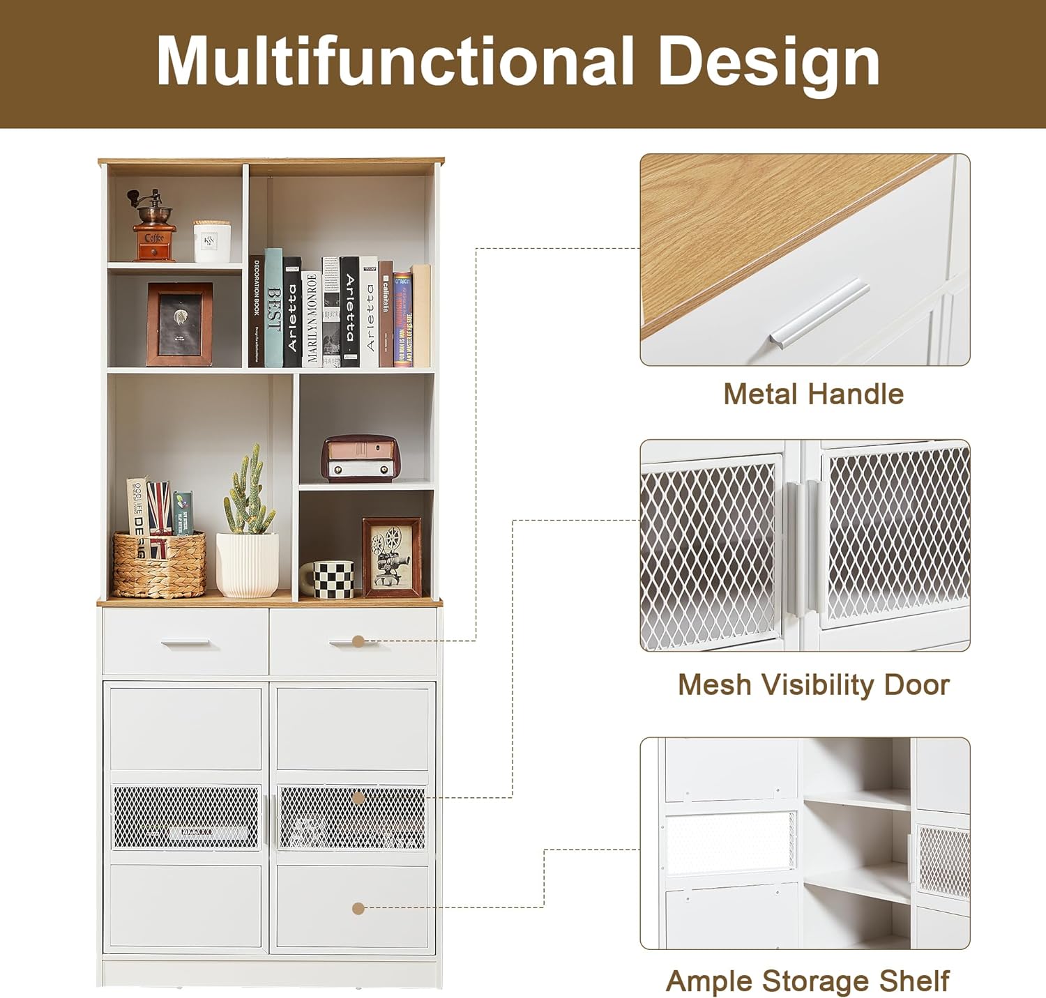 VECELO Floor Storage Cabinet 72" Free Standing Kitchen Pantry Buffet Cupboard with Multi Open Shelves and 2 Drawers