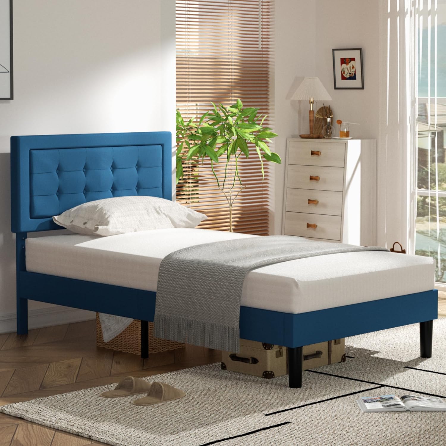 VECELO Upholstered Platform Bed Frame with Height Adjustable Headboard