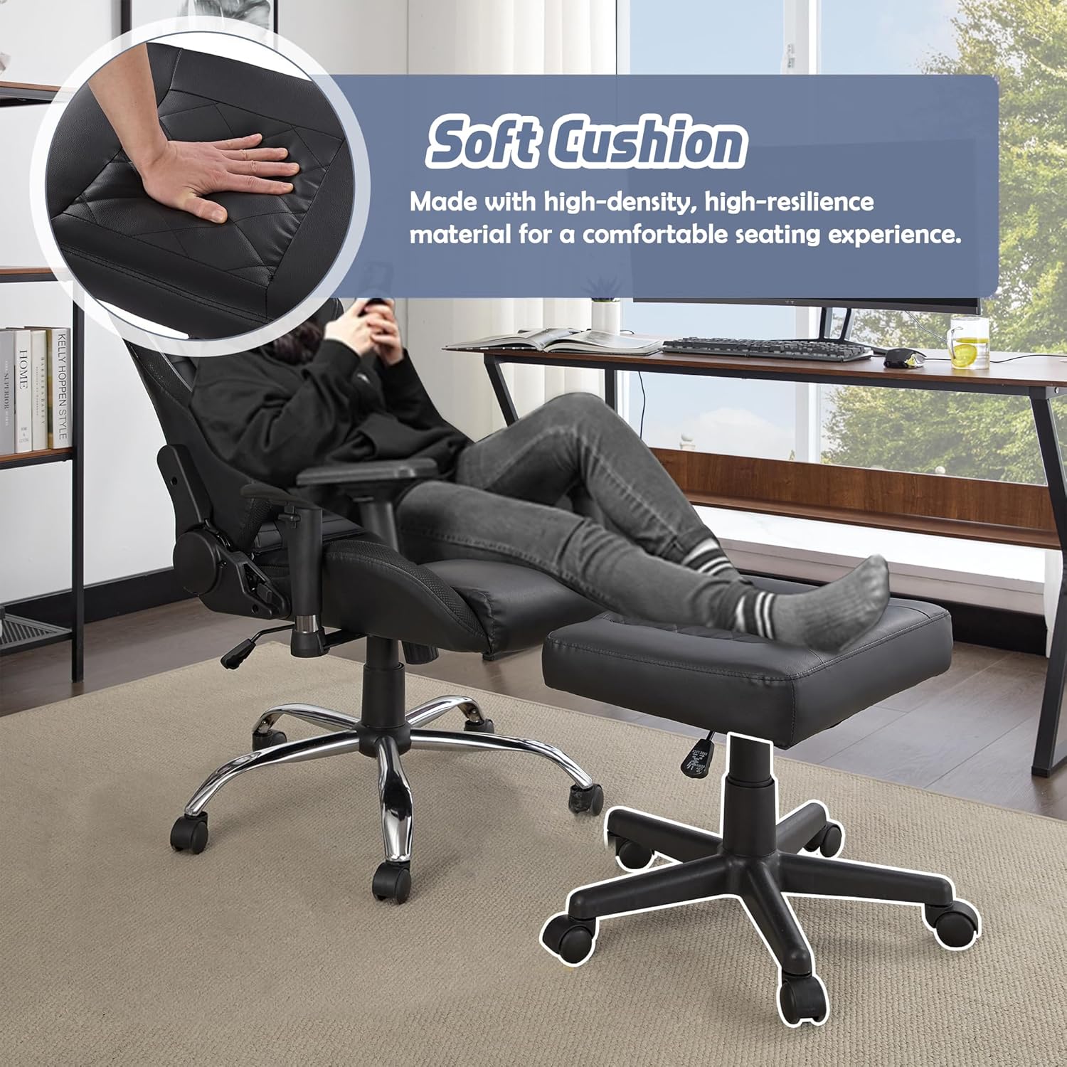 VECELO Under Desk Footrest, PU Ergonomic Foot Rest with Wheels