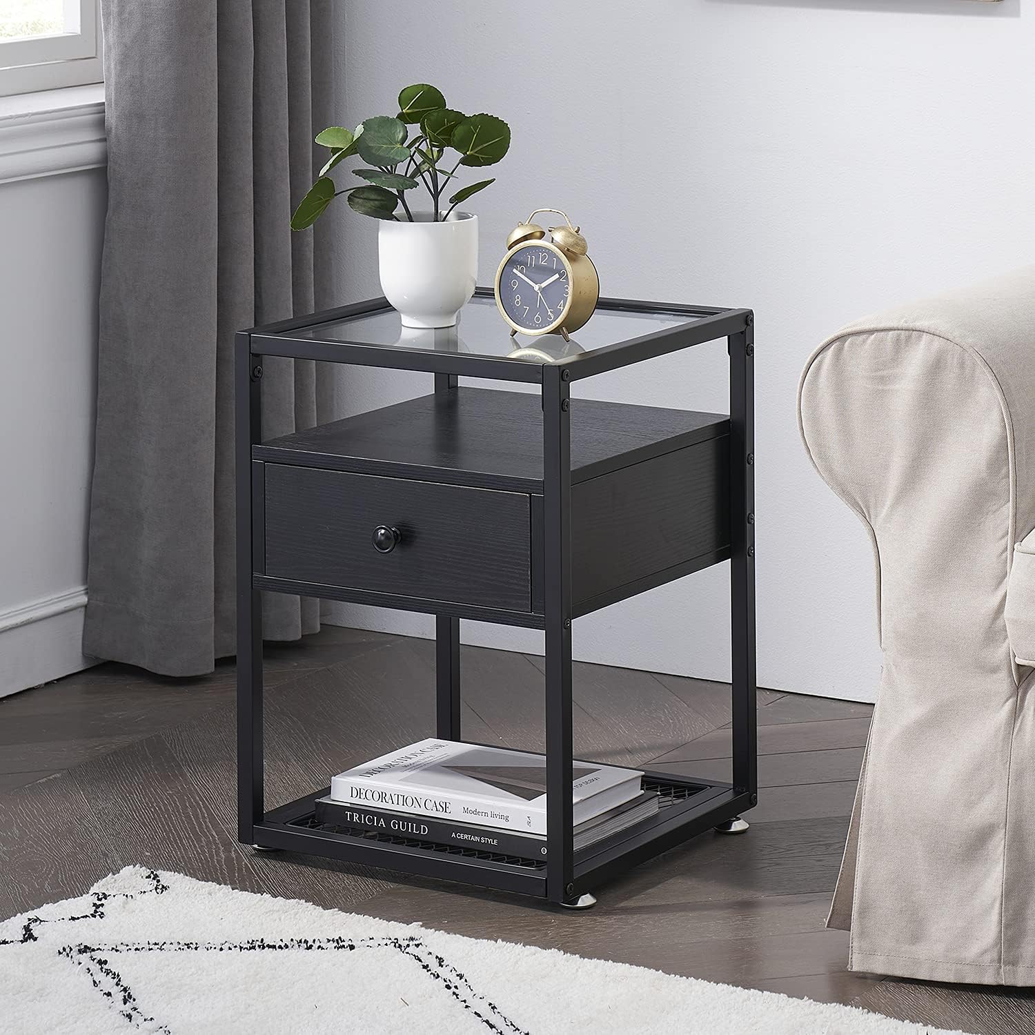 VECELO Nightstands,Glass Top End Tables with Drawer and Shelf