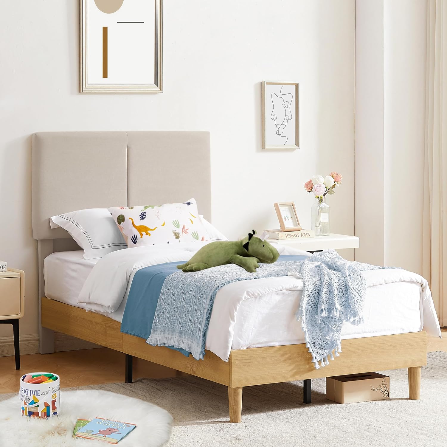 VECELO Upholstered Platform Bed Frame with Height-Adjustable Cotton and Linen Headboard