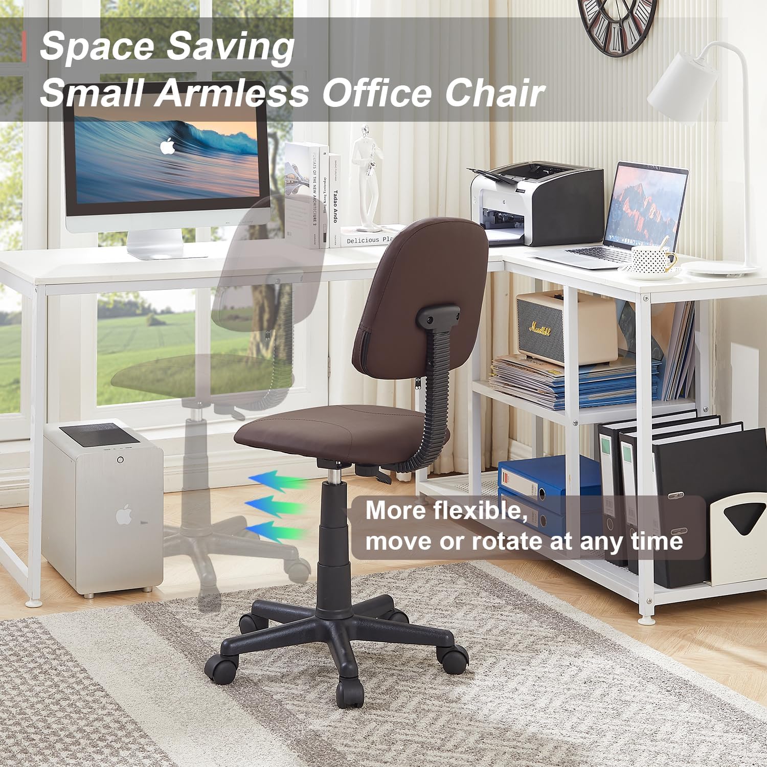 VECELO Small Desk Armless Low-Backrest PU Leather Ergonomic Computer Chair