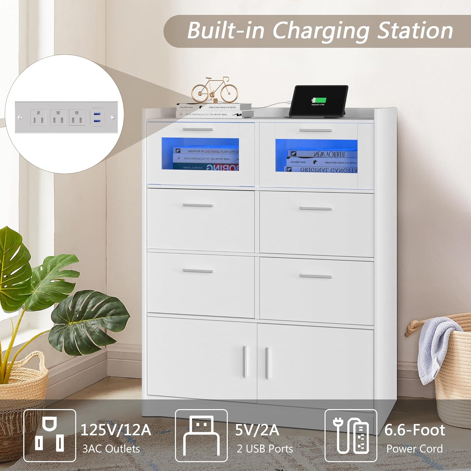 VECELO Dresser for Bedroom Chest of 4 Drawers/6 Drawer with Adjustable LED Lights