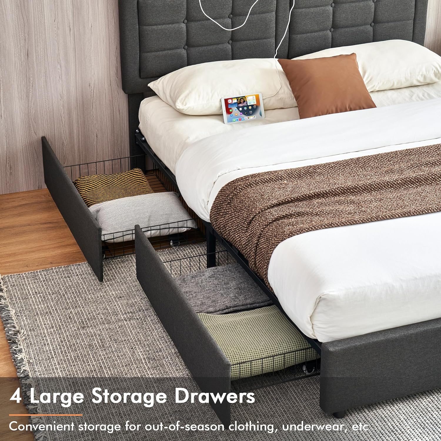 VECELO Bed Frame with 4 Drawers, Adjustable Tufted Button Headboard - VECELO