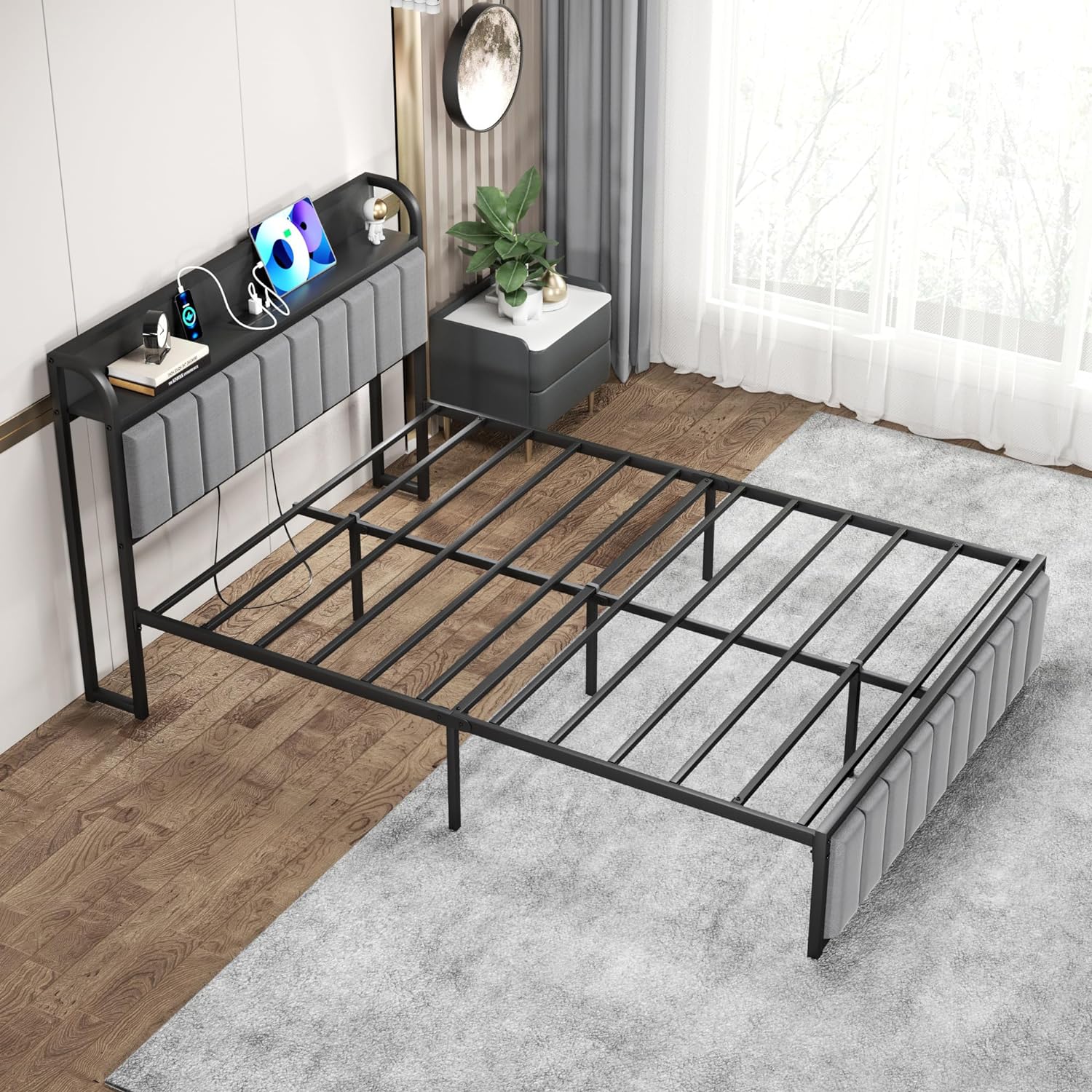 VECELO Bed Frame with Storage, Upholstered Platform Bedframe with Headboard - VECELO
