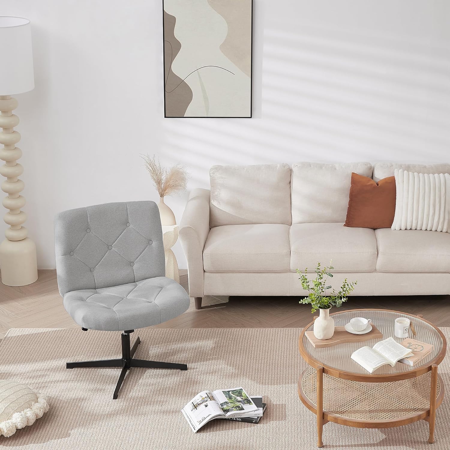 VECELO Criss Cross Armless Office Desk Chair No Wheels Comfy Wide Fabric Padded