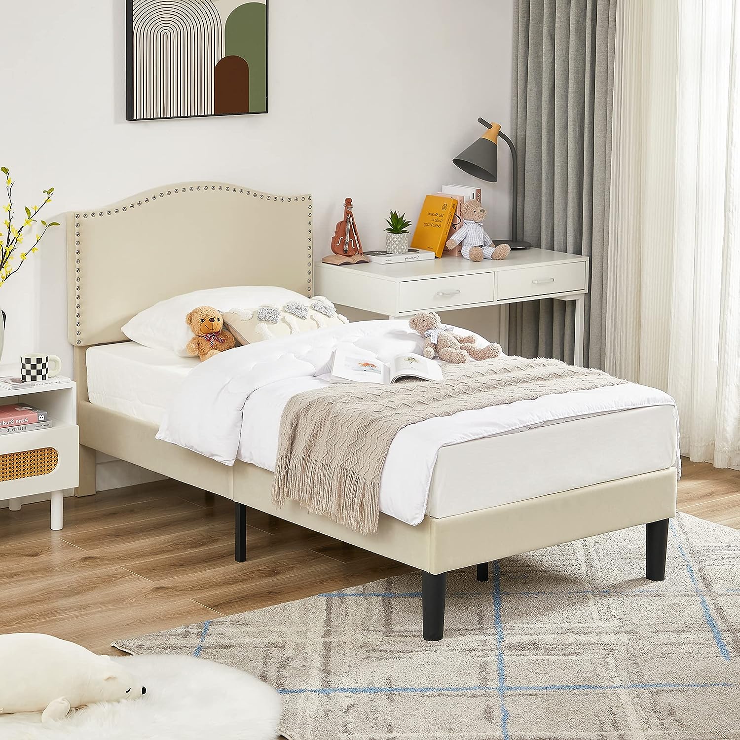 VECELO Bed Frame Platform with Upholstered Headboard & Wooden Slats Support - VECELO