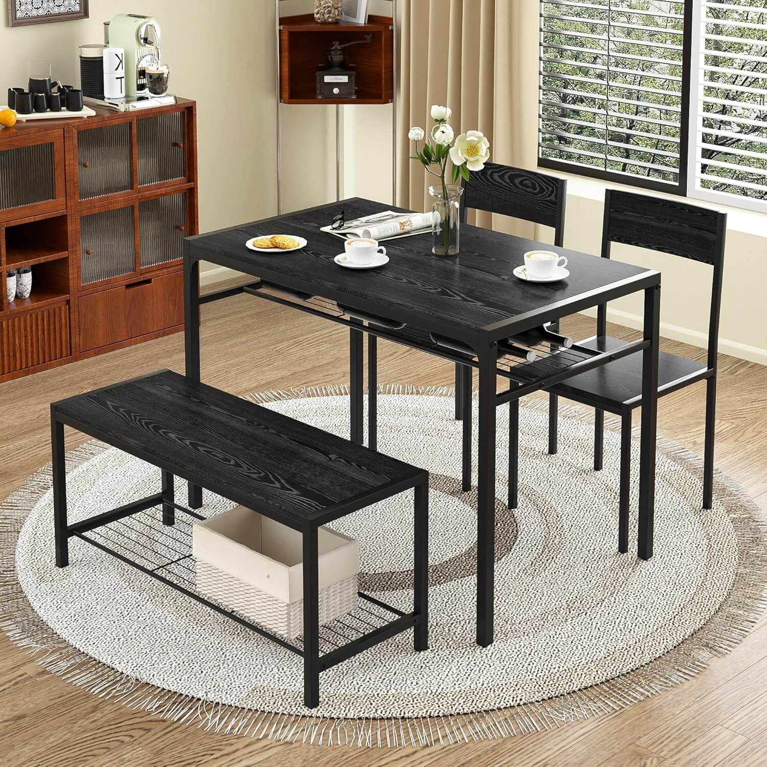 VECELO 4-piece kitchen dining table set in black with two chairs and a bench, featuring industrial modern style and minimalist design.