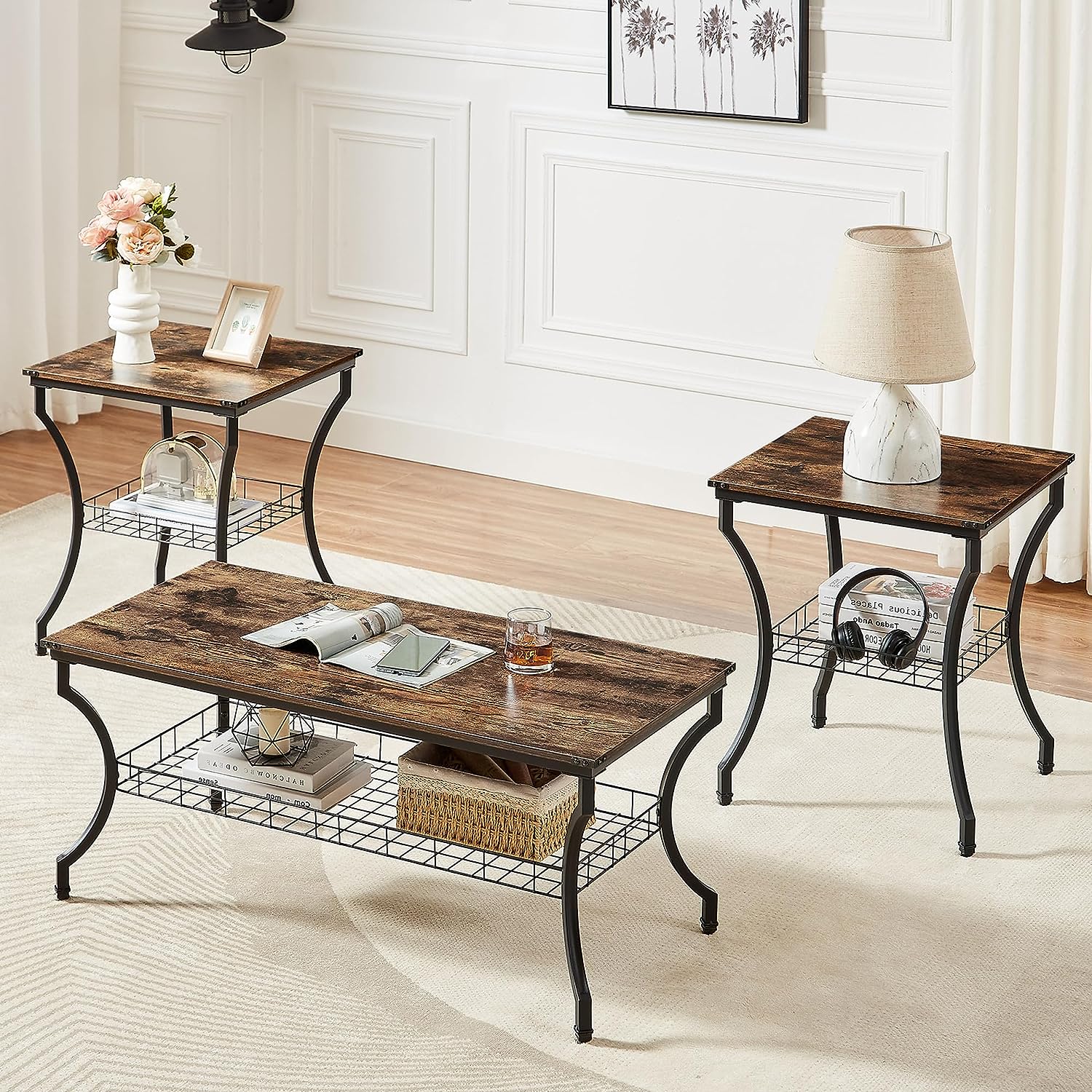 VECELO 3 Pieces Living Room Sets Coffee and End Tables - VECELO