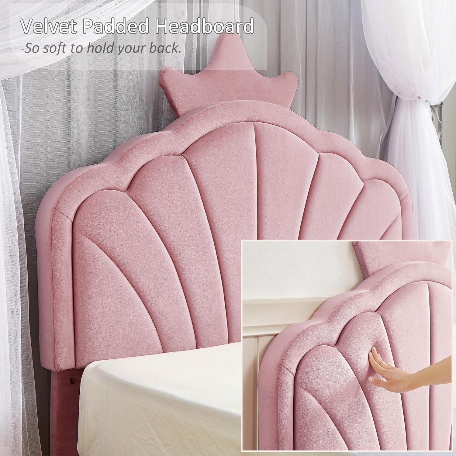 VECELO Twin Size Bed Frame Upholstered with Headboard, Strong Platform with Crown for Kids Girls