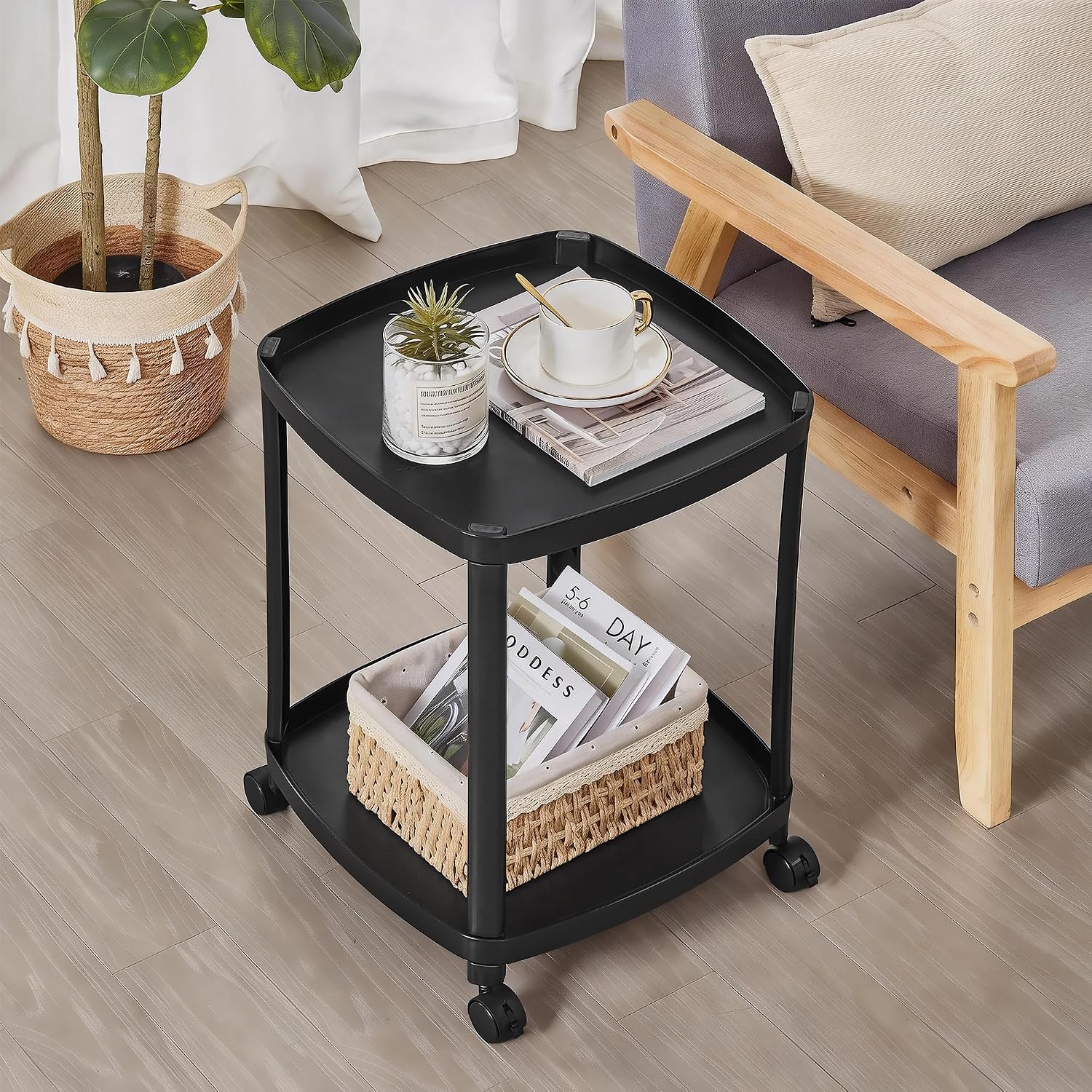 VECELO Rolling End Side Table with Lockable Wheels