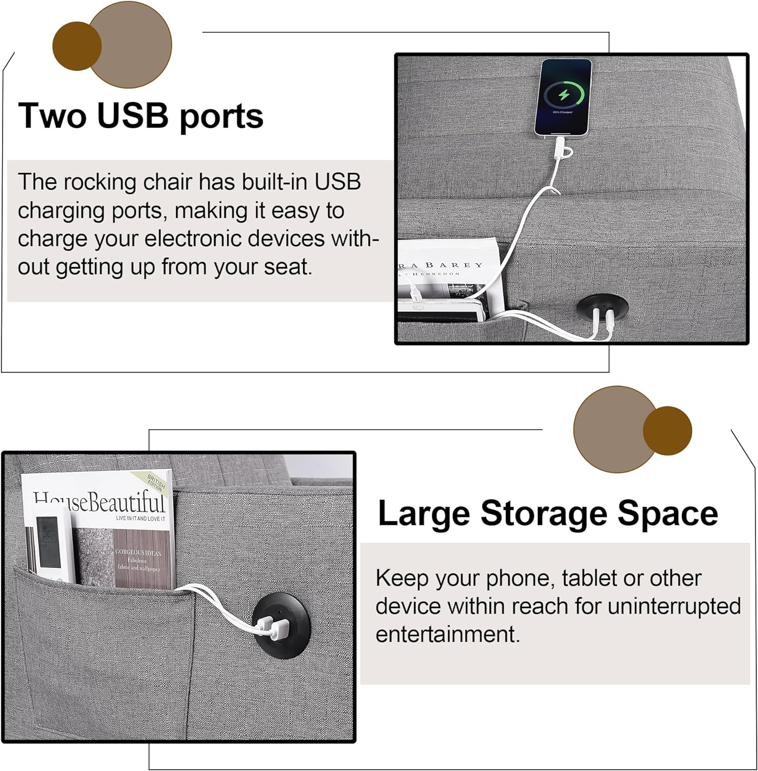 VECELO Rocking Chair Upholstered Nursery Glider Rocker High Backrest Comfy Armchair with Side Pocket and USB Port