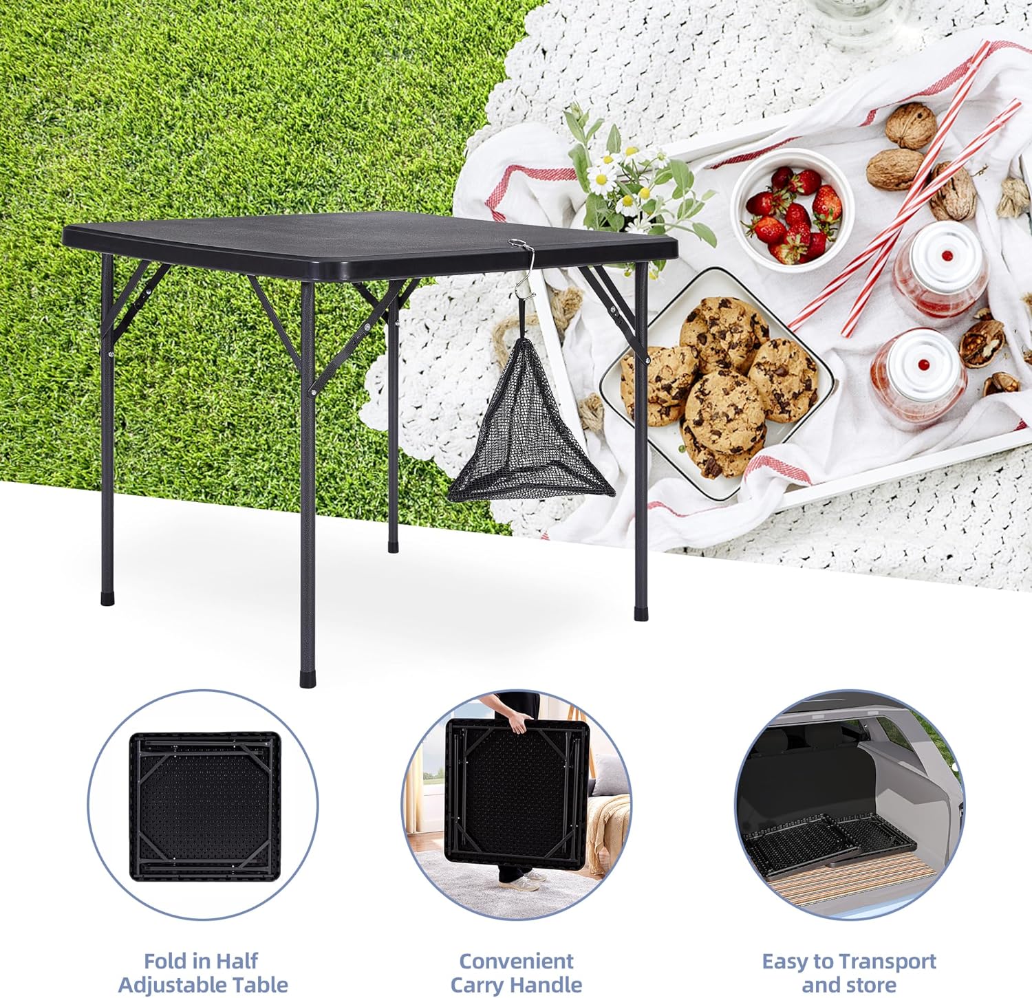 VECELO Folding Plastic Card Table Square with Mesh Bag