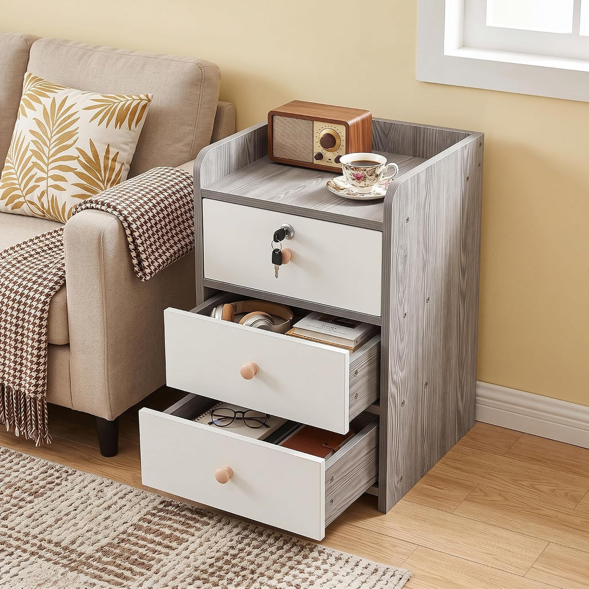 VECELO Nightstand with 3 Drawers Farmhouse End Table with Storage  Bedside Night Stand for Bedroom  Living Room