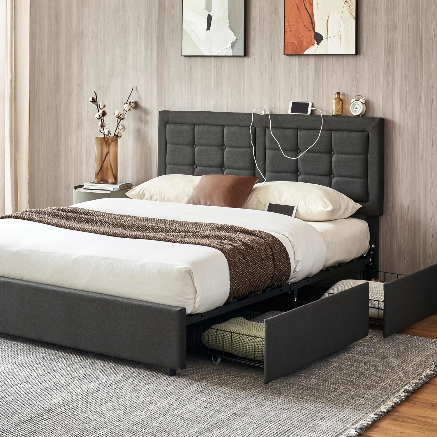 VECELO Bed Frame with 4 Drawers, Adjustable Tufted Button Headboard - VECELO