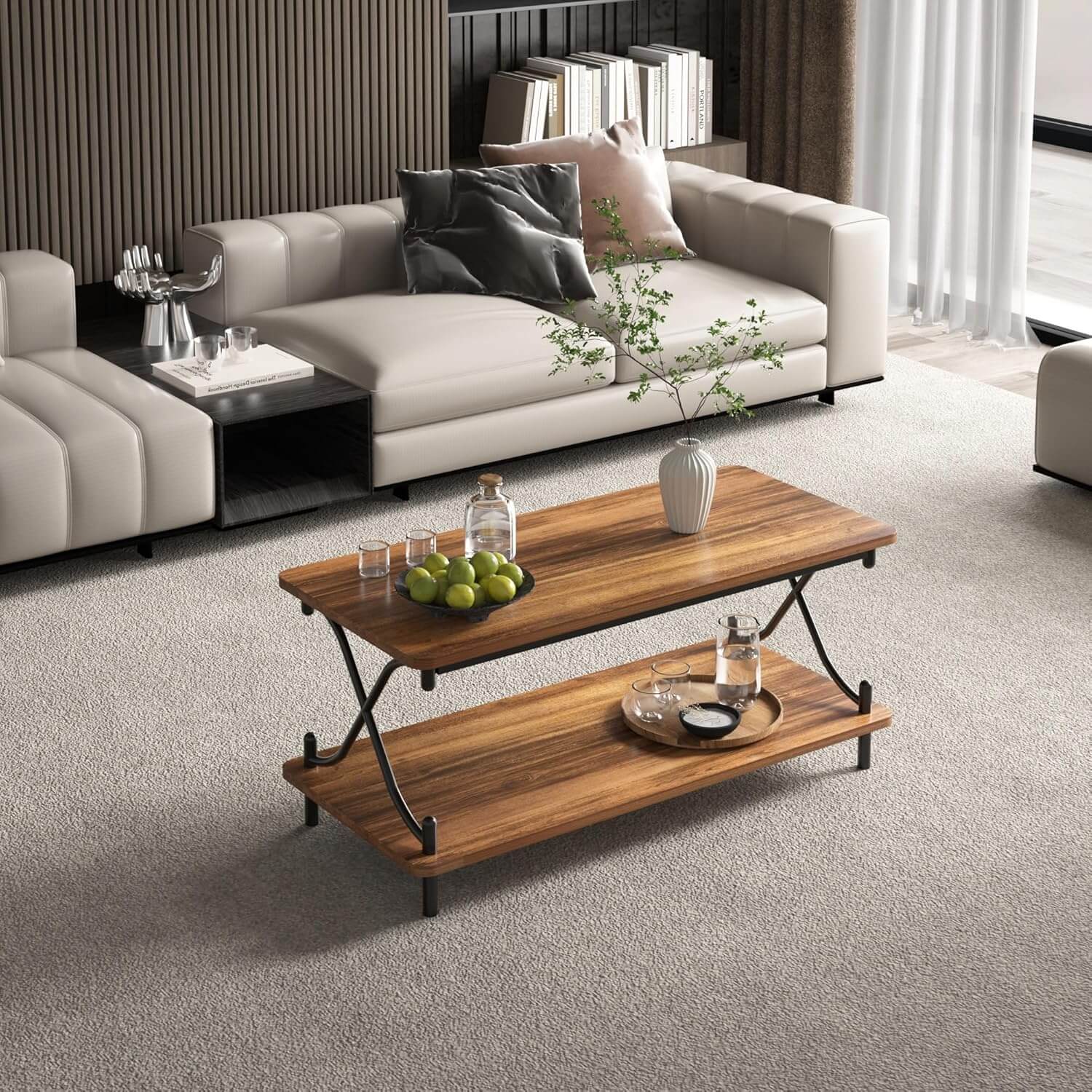 VECELO 39-Inch Coffee Table with Storage and Open Shelves - VECELO