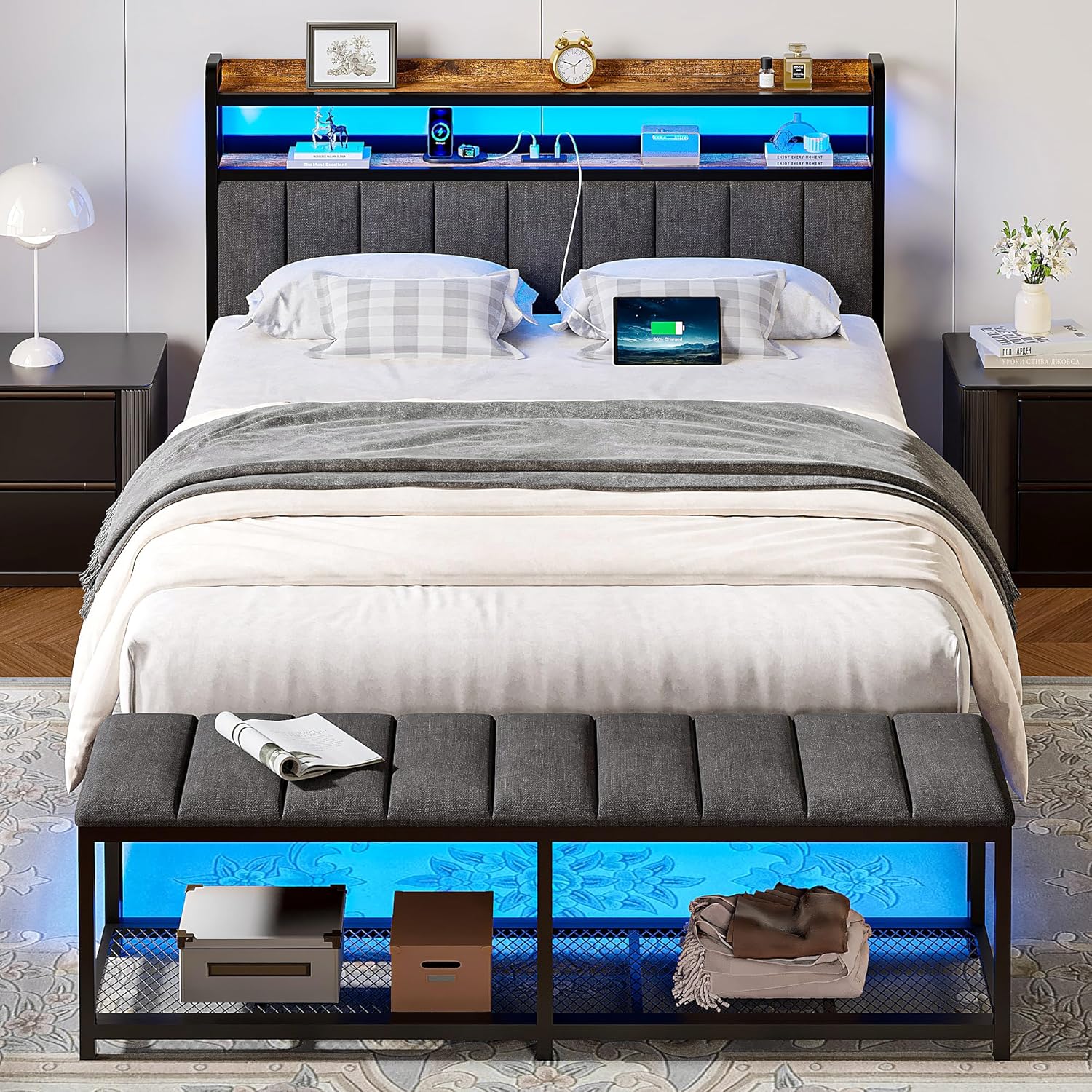 VECELO Bed Frame with LED Lights and Bench