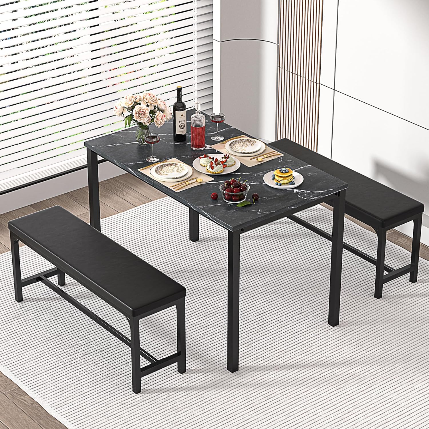 VECELO 3-Piece 63" Extendable Kitchen Table with Benches/Chairs - VECELO