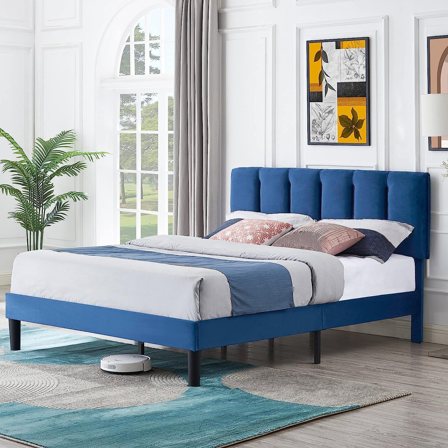 VECELO Modern Upholstered Platform Bedframe, Adjustable Headboard