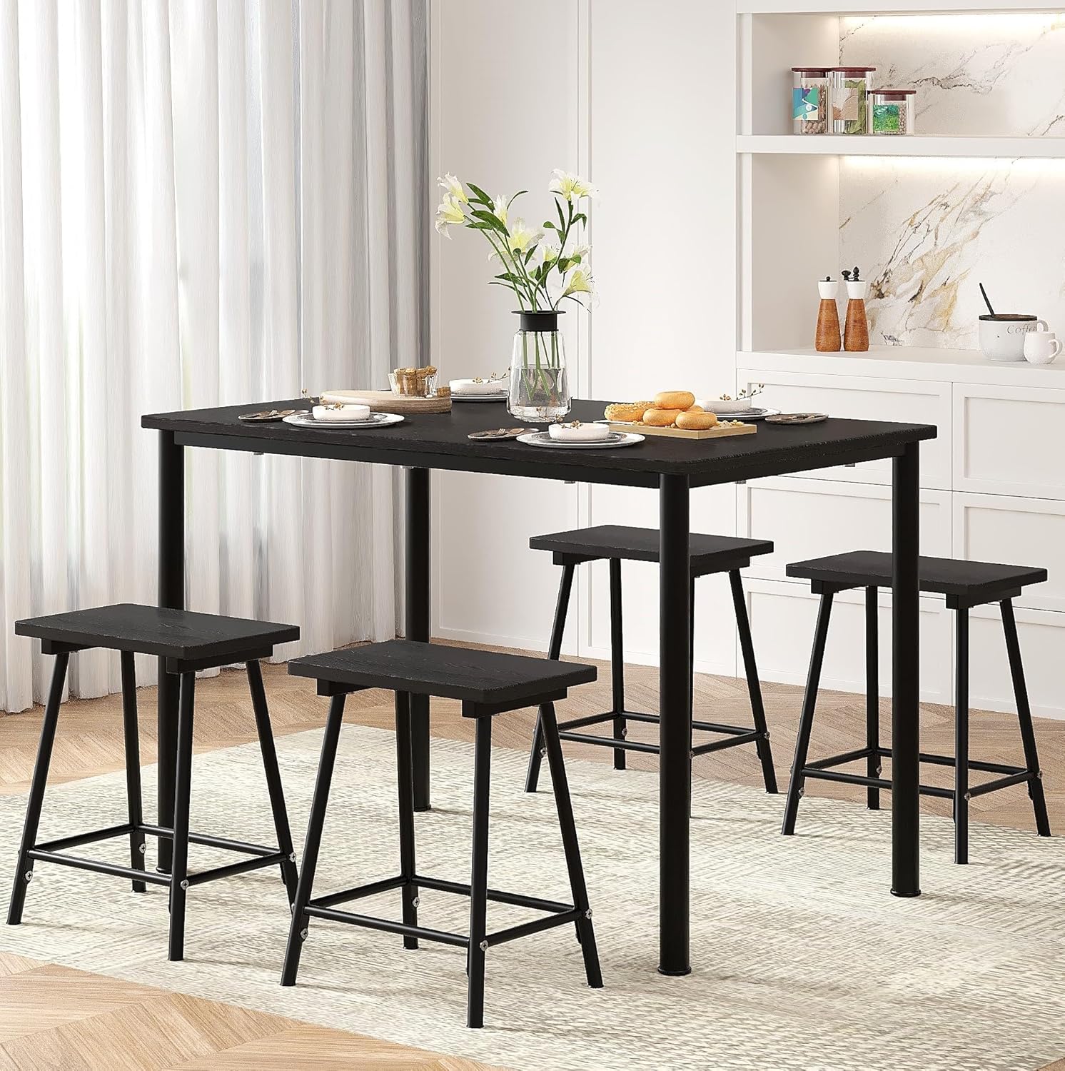 VECELO 5-Piece Dining Table Set Metal and Wood Kitchen Furniture with 4 Stools - VECELO