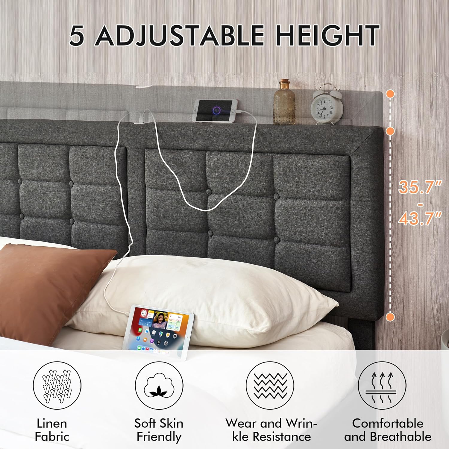 VECELO Bed Frame with 4 Drawers, Adjustable Tufted Button Headboard - VECELO