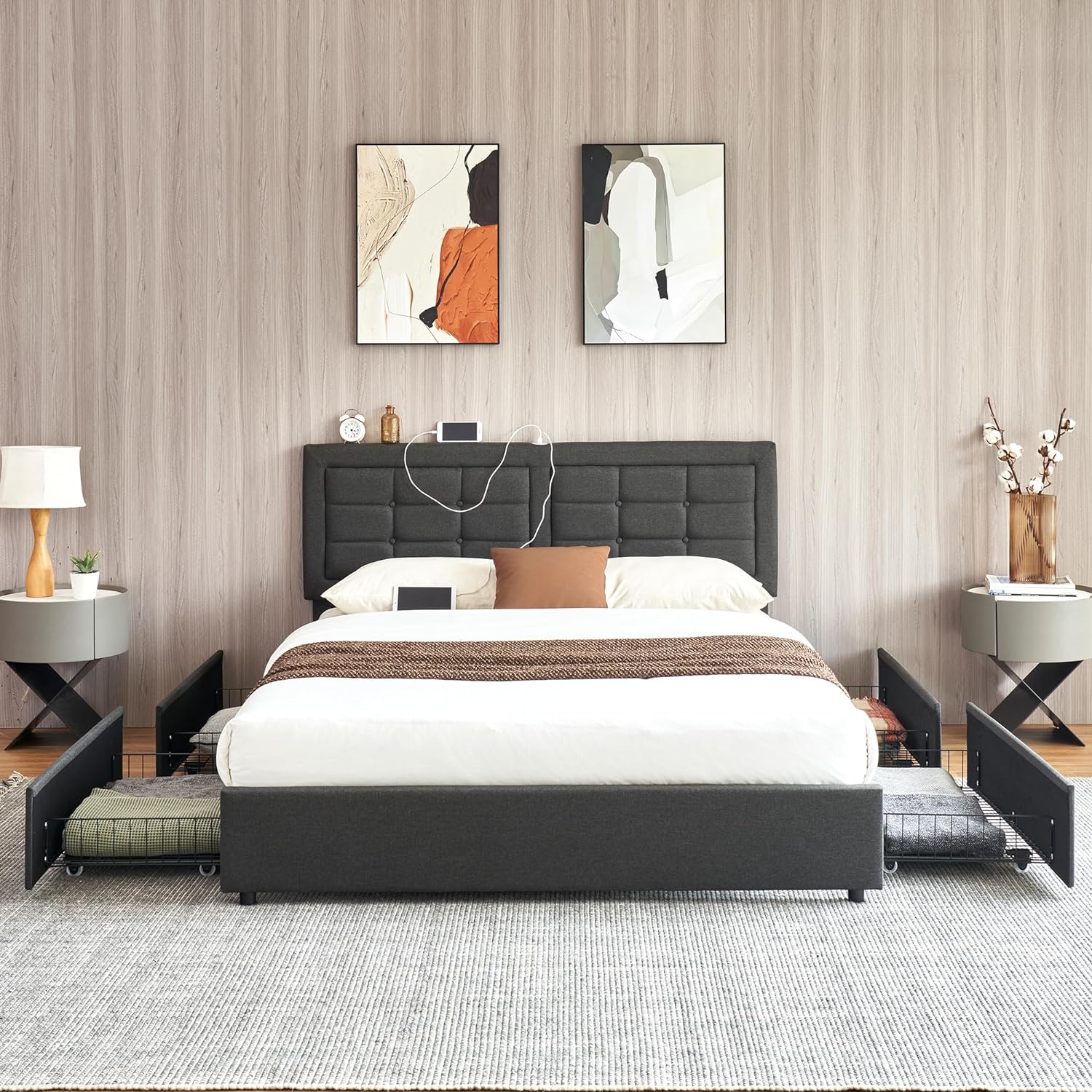 VECELO Bed Frame with 4 Drawers, Adjustable Tufted Button Headboard - VECELO