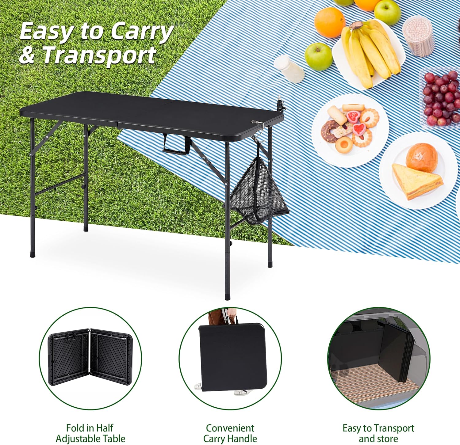 VECELO Folding Plastic Card Table Square with Mesh Bag