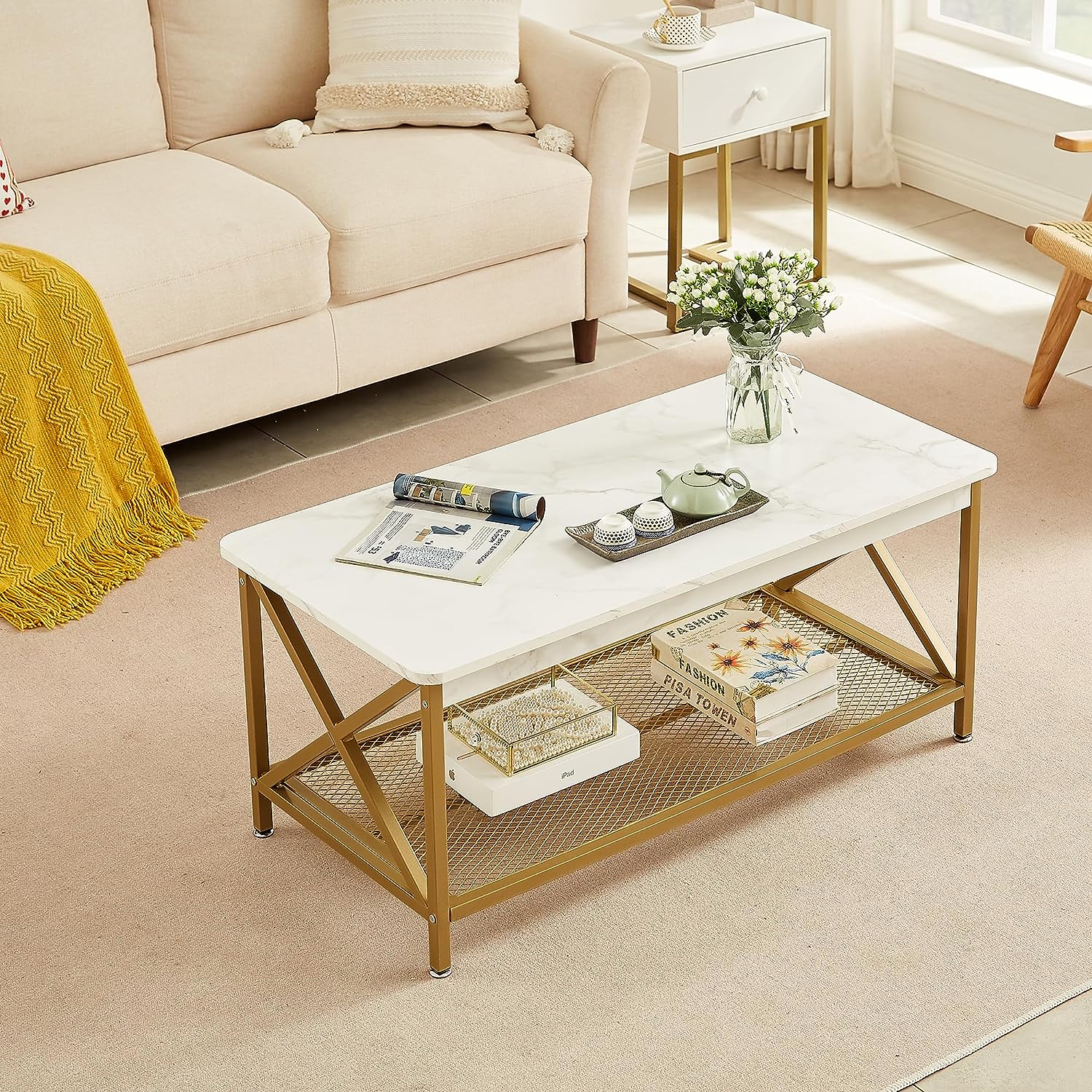 VECELO Coffee Table with Storage Shelf for Living Room 39.4 Inch, Simple Modern & Industrial Design - VECELO