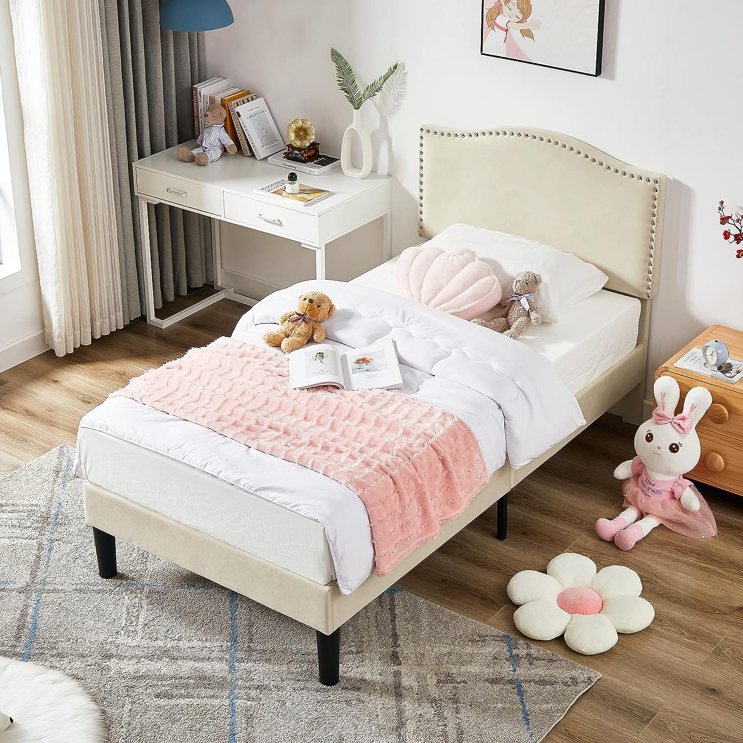 VECELO Bed Frame Platform with Upholstered Headboard & Wooden Slats Support - VECELO