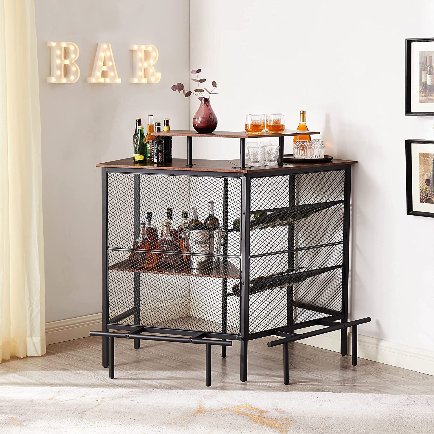 VECELO Bar Unit, 3 Tier Liquor Cabinet with Metal Mesh Front - VECELO