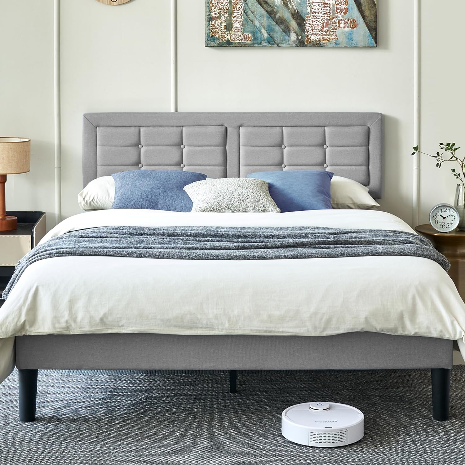 VECELO Upholstered Platform Bed Frame with Height Adjustable Headboard