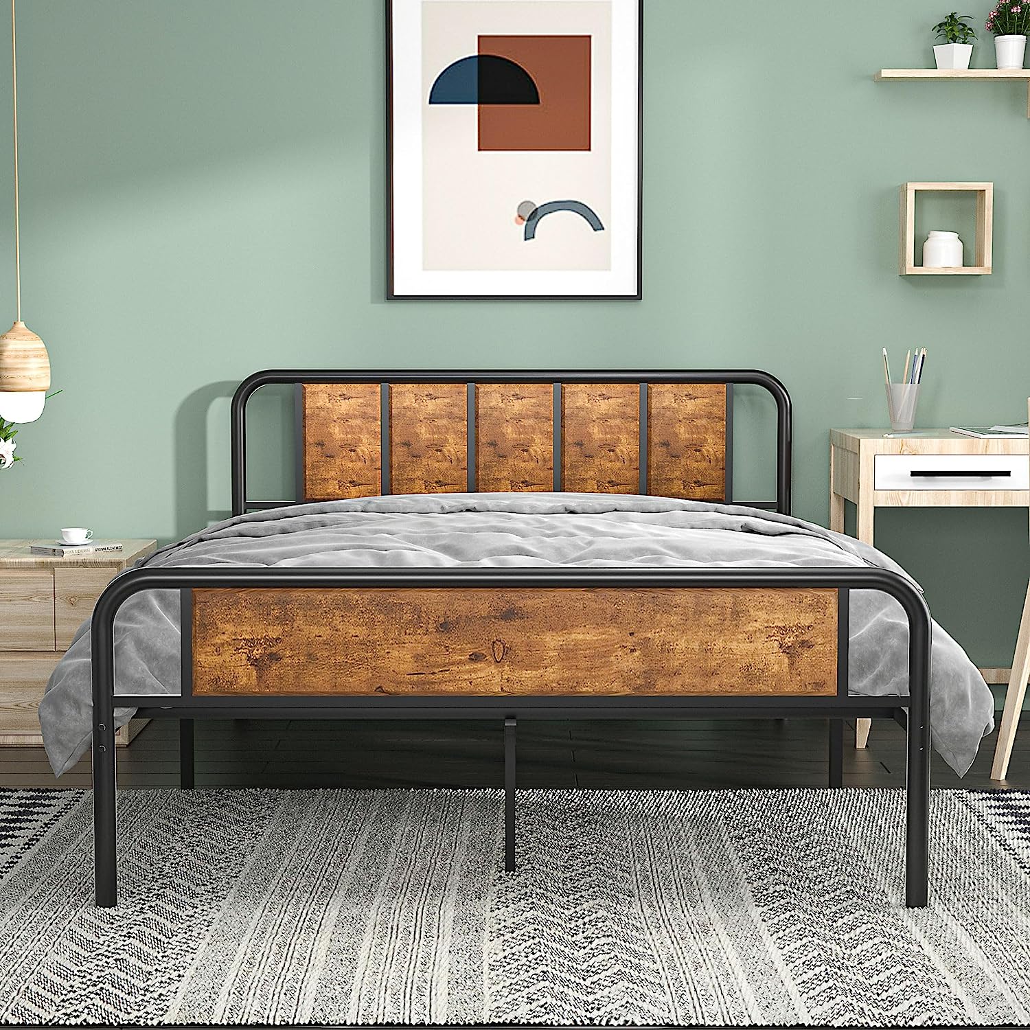 VECELO Bed Frame Metal Platform with Wooden Headboard Footboard Heavy Duty Mattress Foundation - VECELO