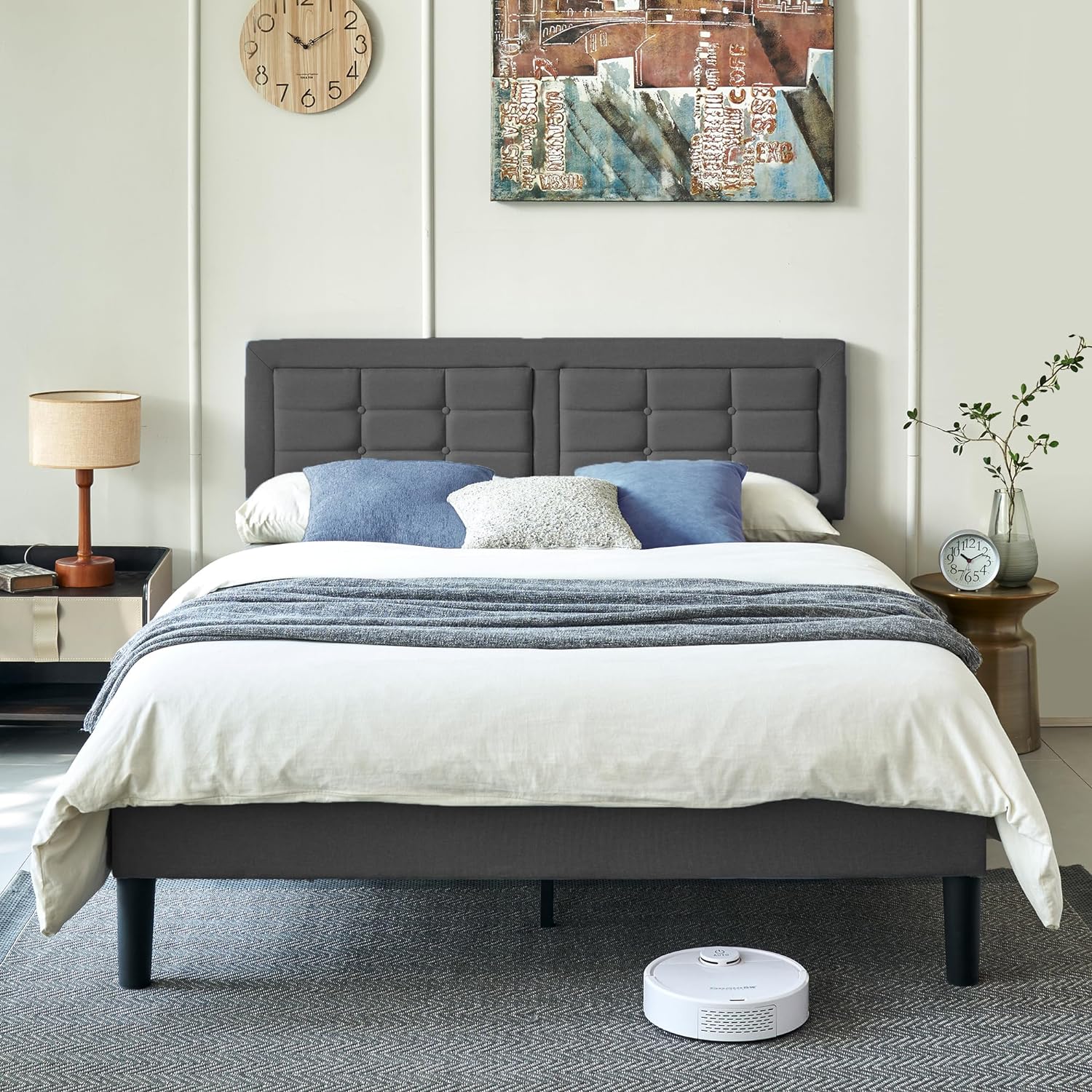 VECELO Upholstered Platform Bed Frame with Height Adjustable Headboard