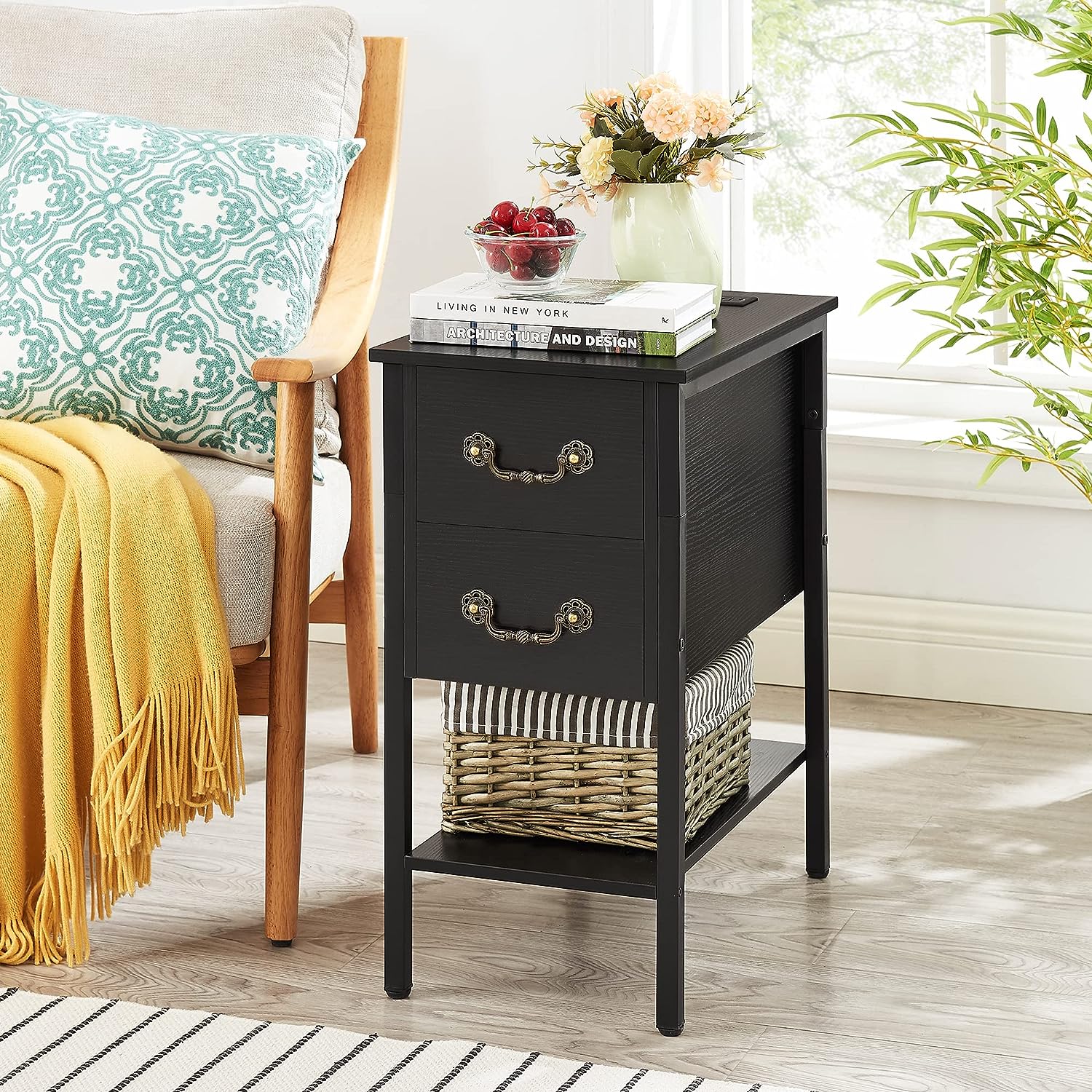 VECELO End Tables,Narrow Nightstands with Charging Station & USB Ports &Drawers