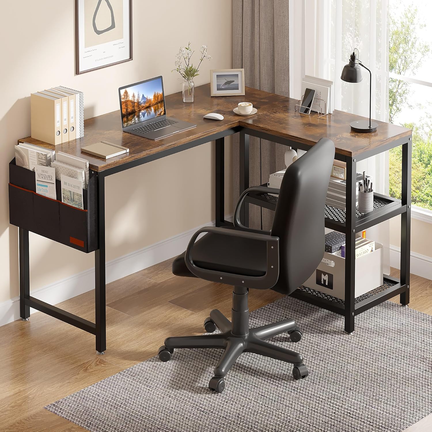 VECELO L Shaped Computer Desk with Storage Shelves & Bag
