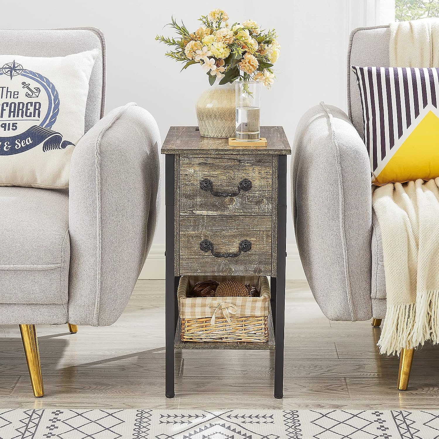 VECELO End Tables,Narrow Nightstands with Charging Station & USB Ports &Drawers