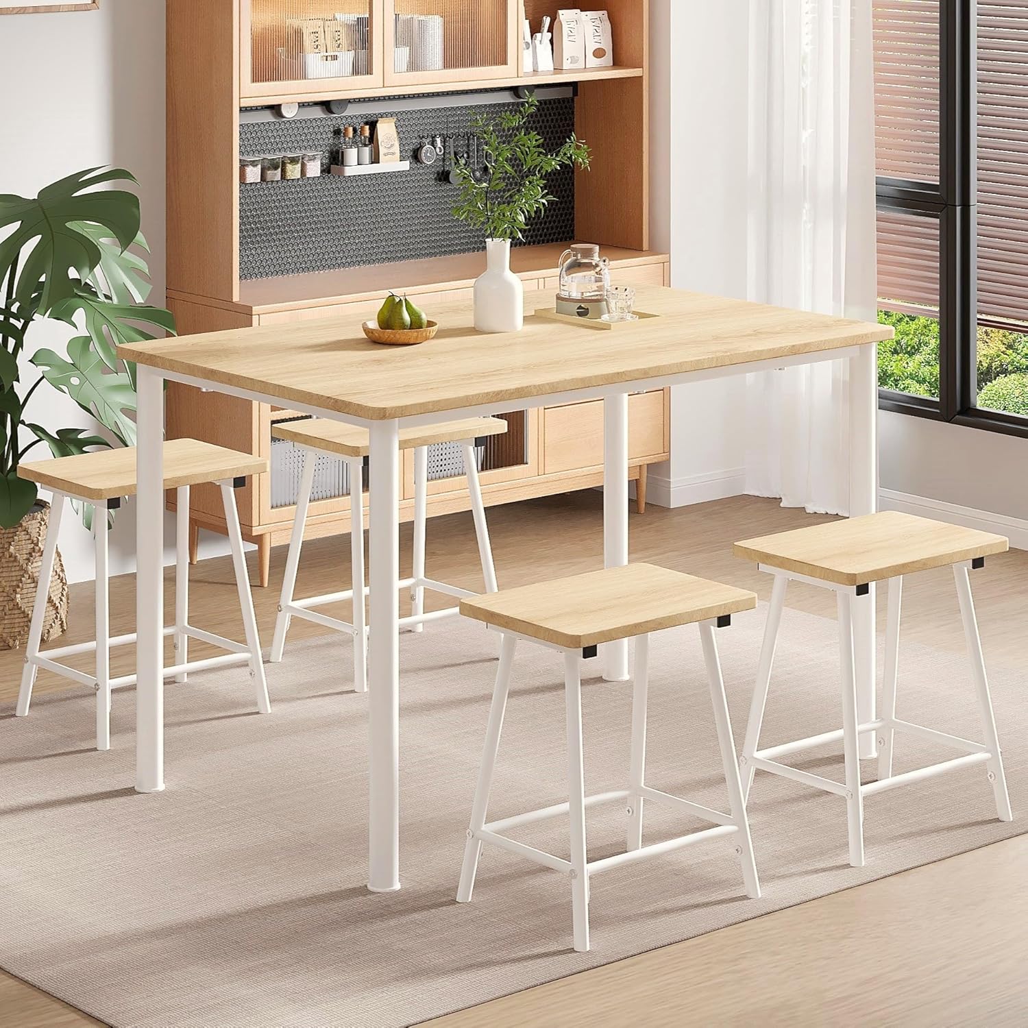 VECELO 5-Piece Dining Table Set Metal and Wood Kitchen Furniture with 4 Stools - VECELO