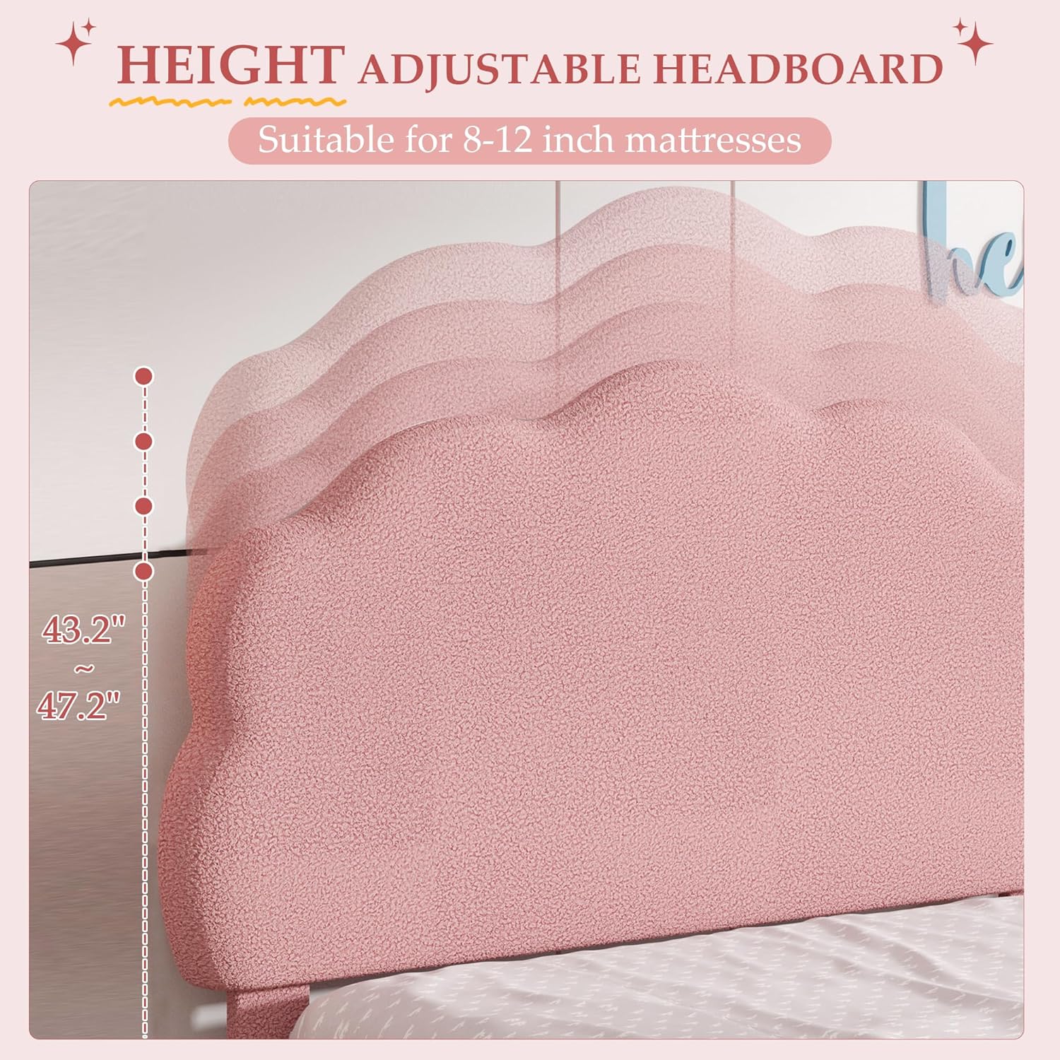 VECELO Twin Size Bed Frame, Upholstered Platform Bedframe with Height Adjustable Plush Fabric Headboard