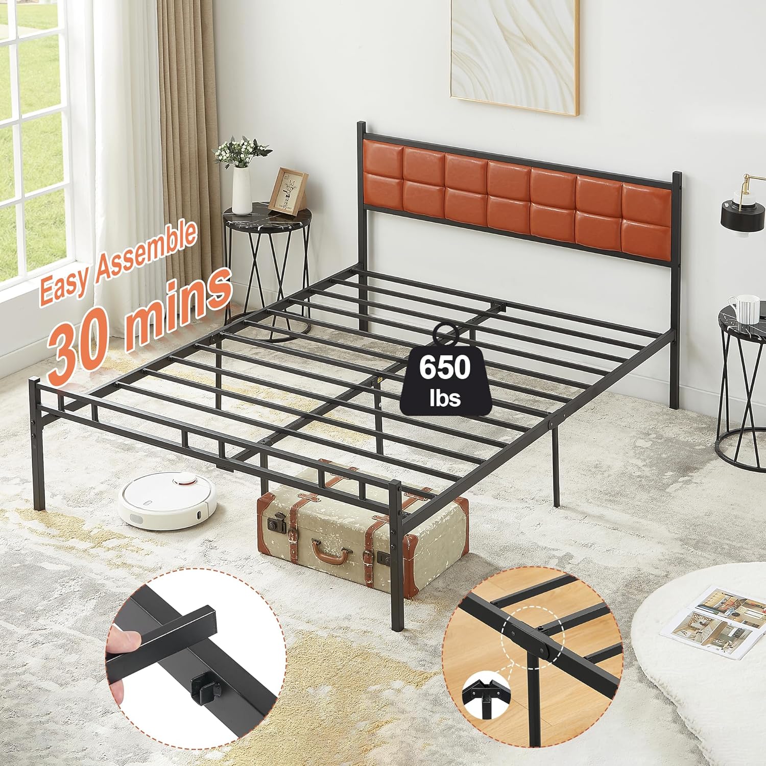 VECELO Bed Frame with PU Upholstered Headboard Metal Slats Support, No Box Spring Needed - VECELO