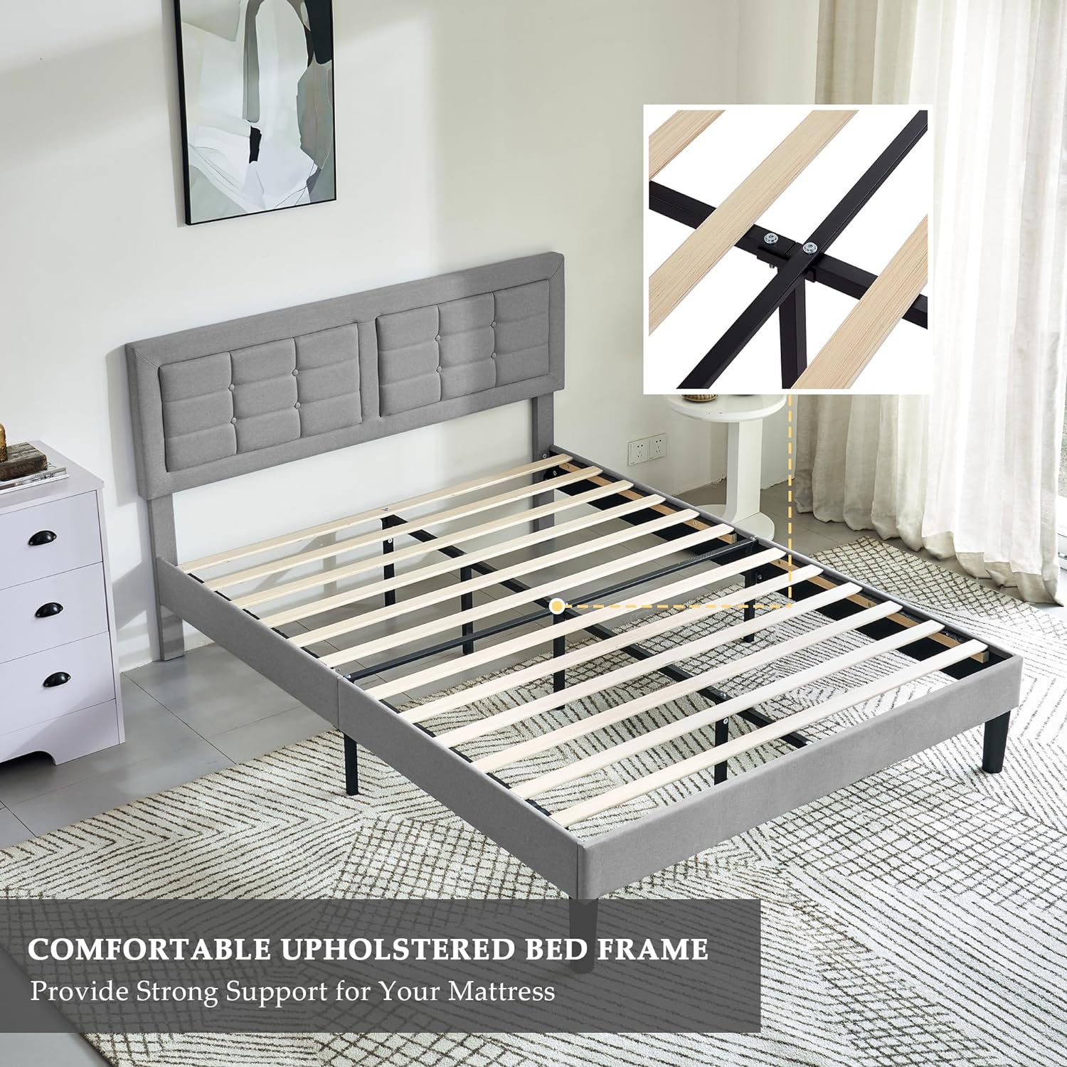 VECELO Upholstered Platform Bed Frame with Height Adjustable Headboard