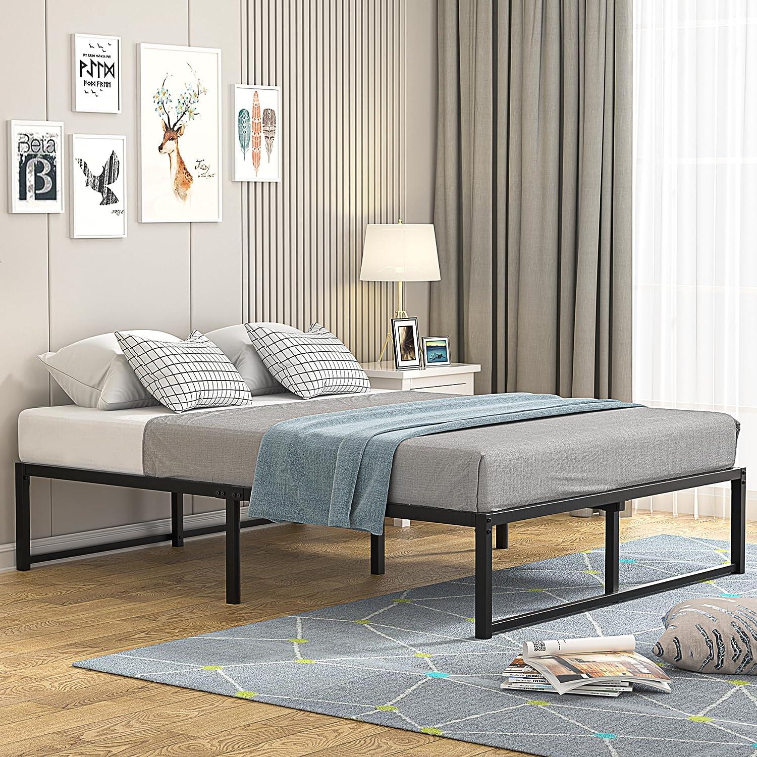 VECELO 14" Black Platform Bed Frame/Mattress Foundation/No Box Spring Needed/Steel Slat Support - VECELO