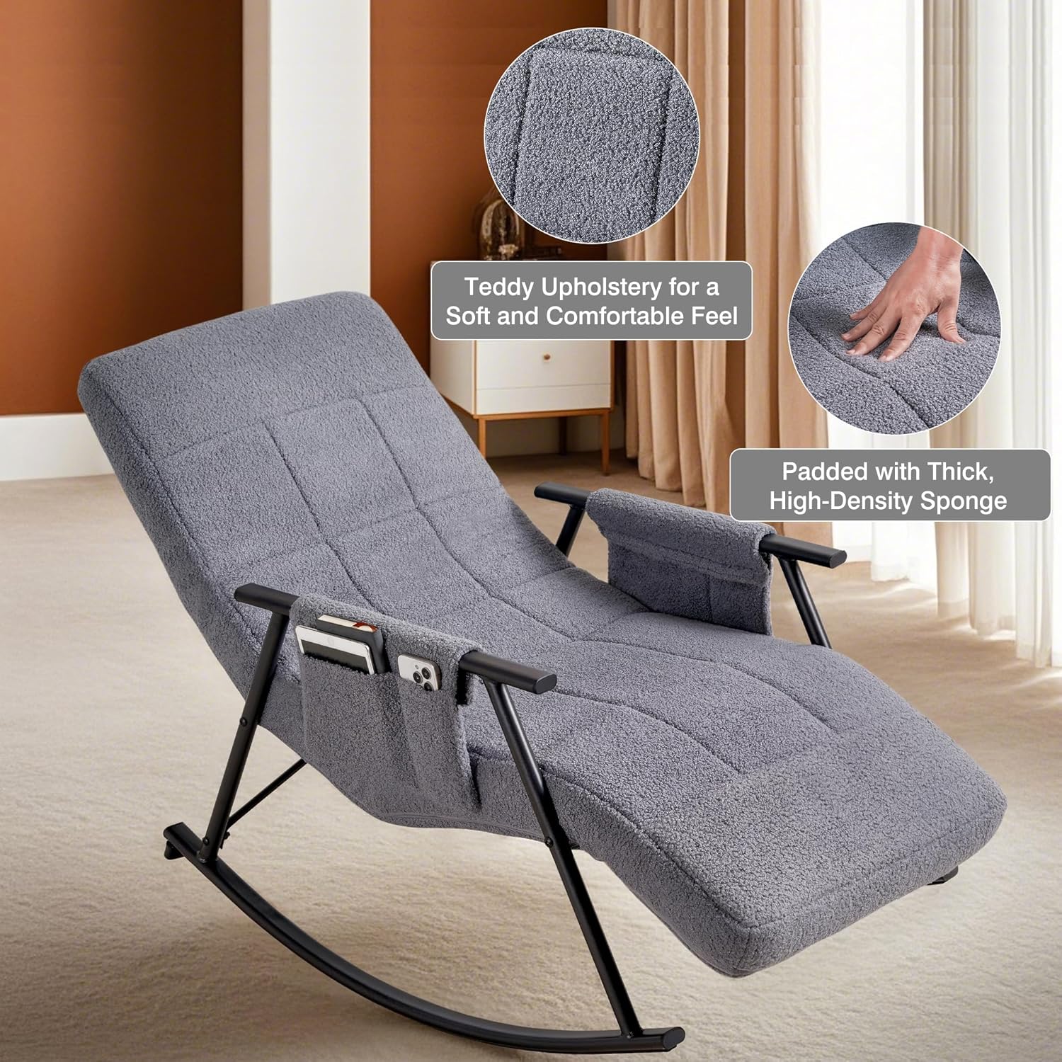 VECELO High Back Nursery Rocking Chair with Foot Rest, Teddy Upholstered Reclining Glider Rocker
