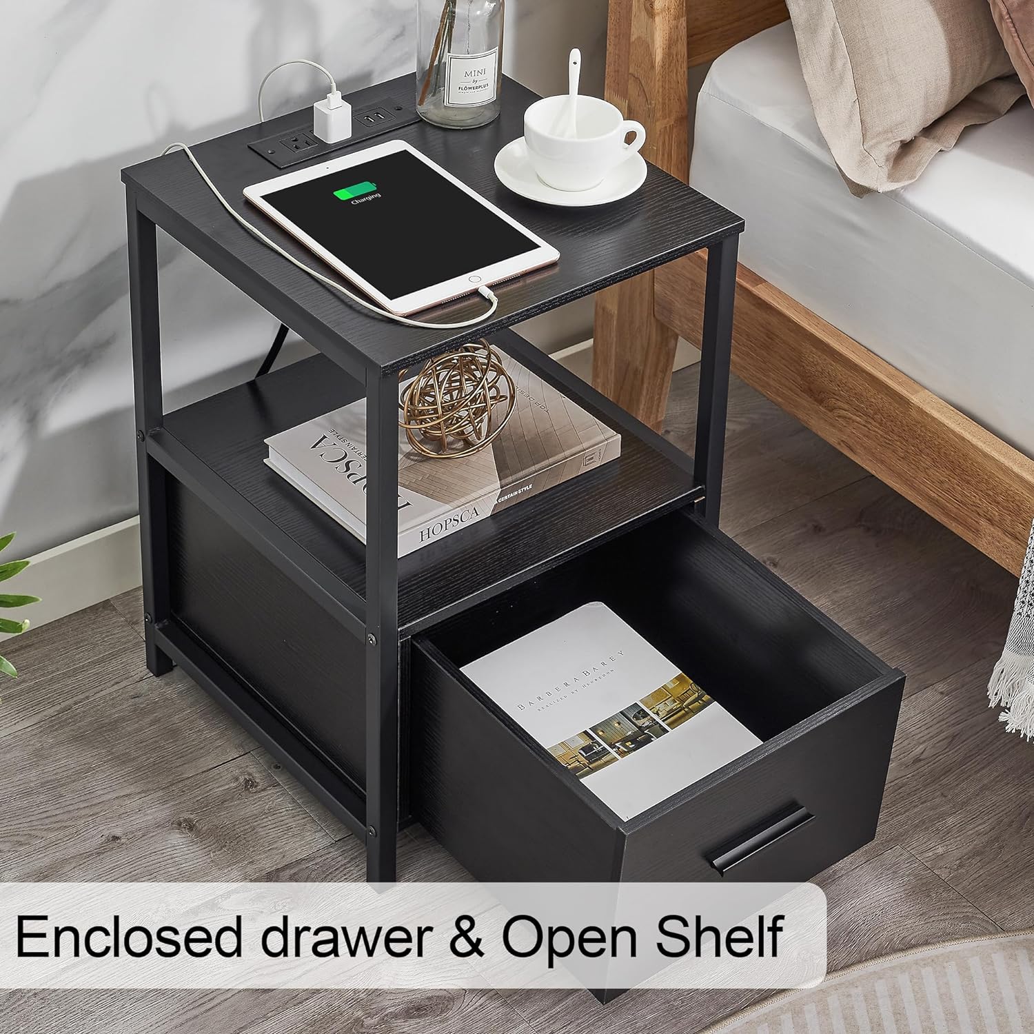 VECELO Modern Nightstand with Charging Station and USB Ports End Side Table