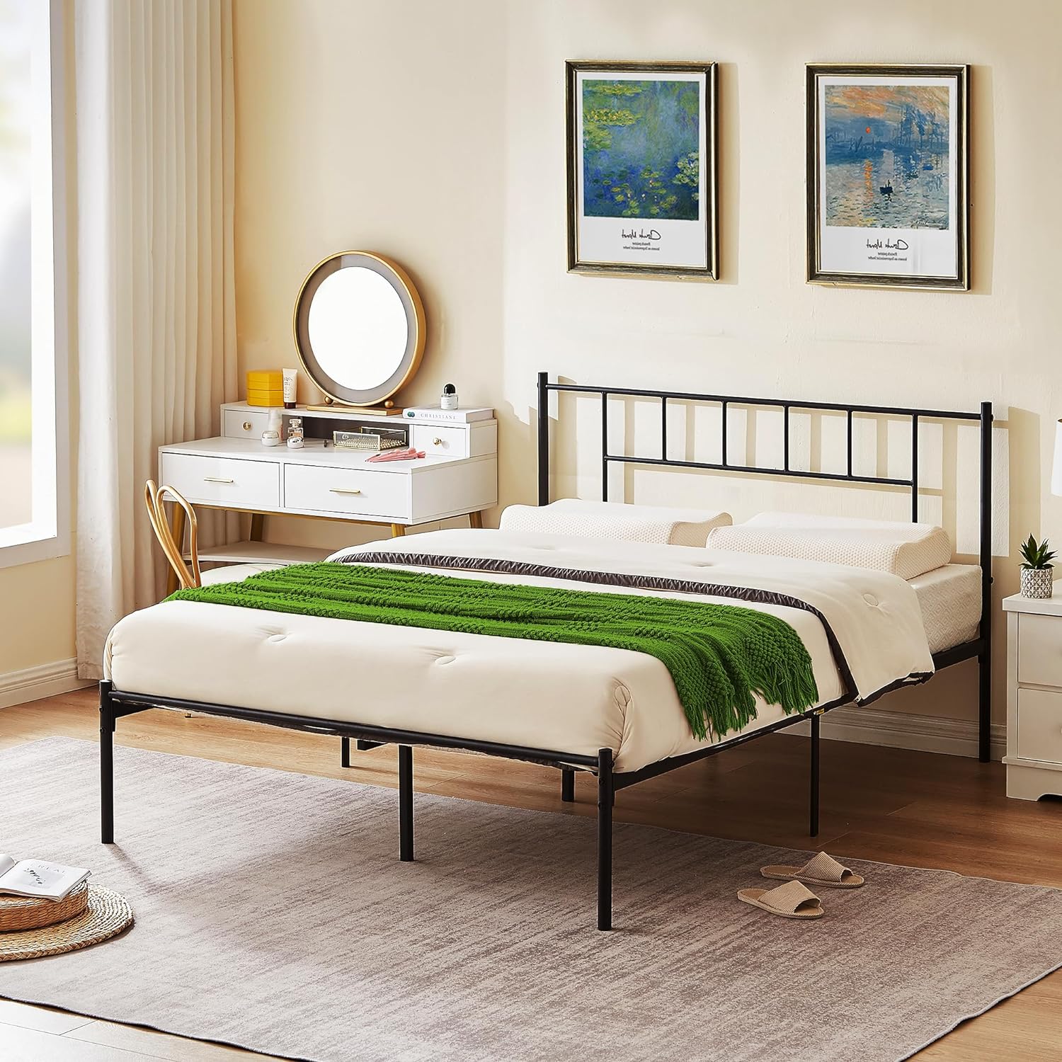 VECELO Bed Frame, 14 Inch Metal Platform with Headboard, Heavy Duty Steel Slat Support - VECELO