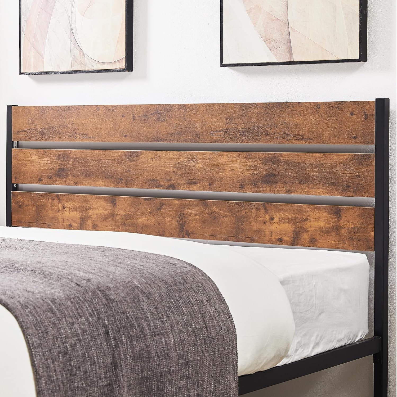 VECELO Platform Bed Frame with Rustic Vintage Wood Headboard/Strong Metal Slats Support