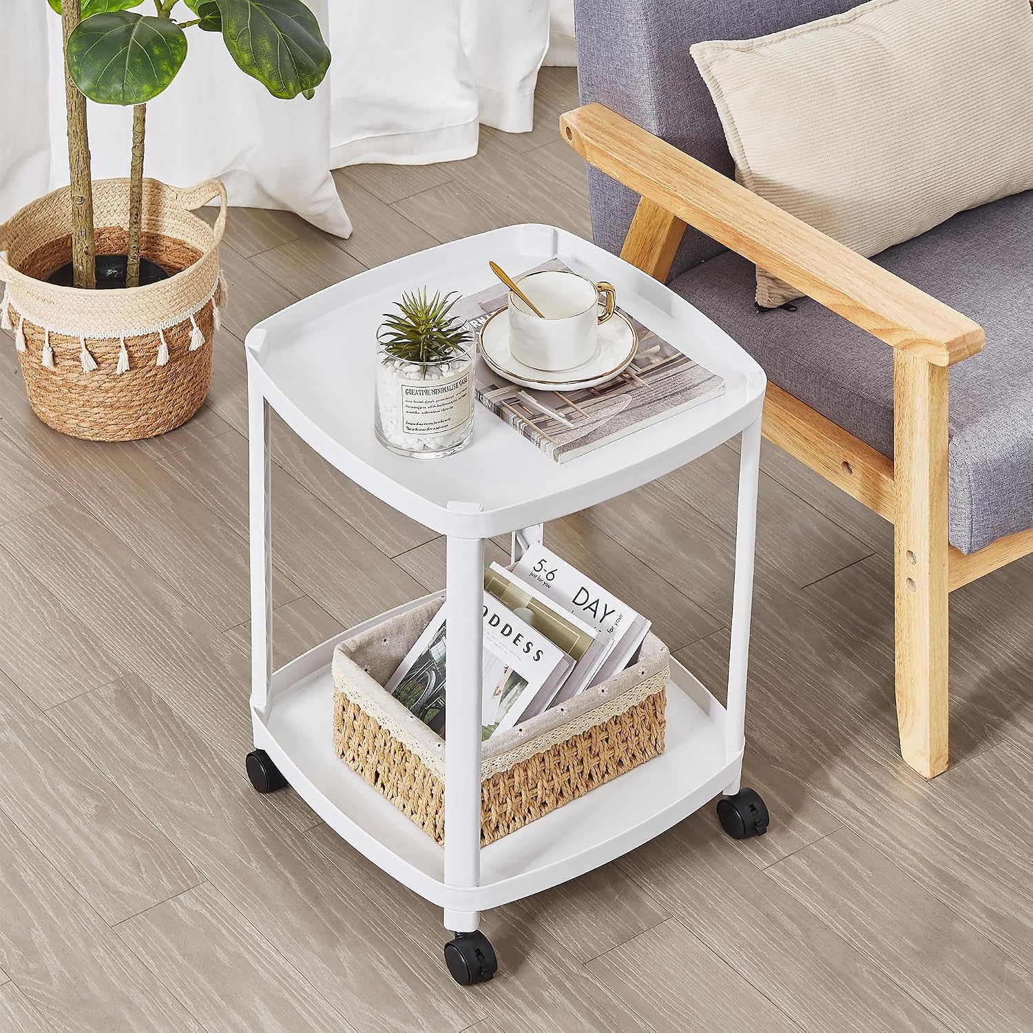 VECELO Rolling End Side Table with Lockable Wheels